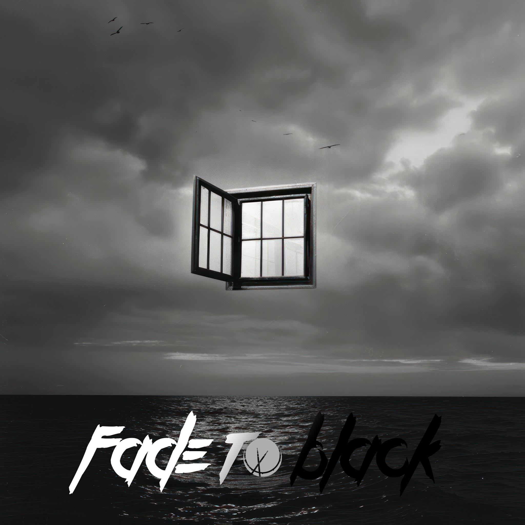 Dark Sea with Floating Open Window and Gray Skies in Grayscale - Fade to Black