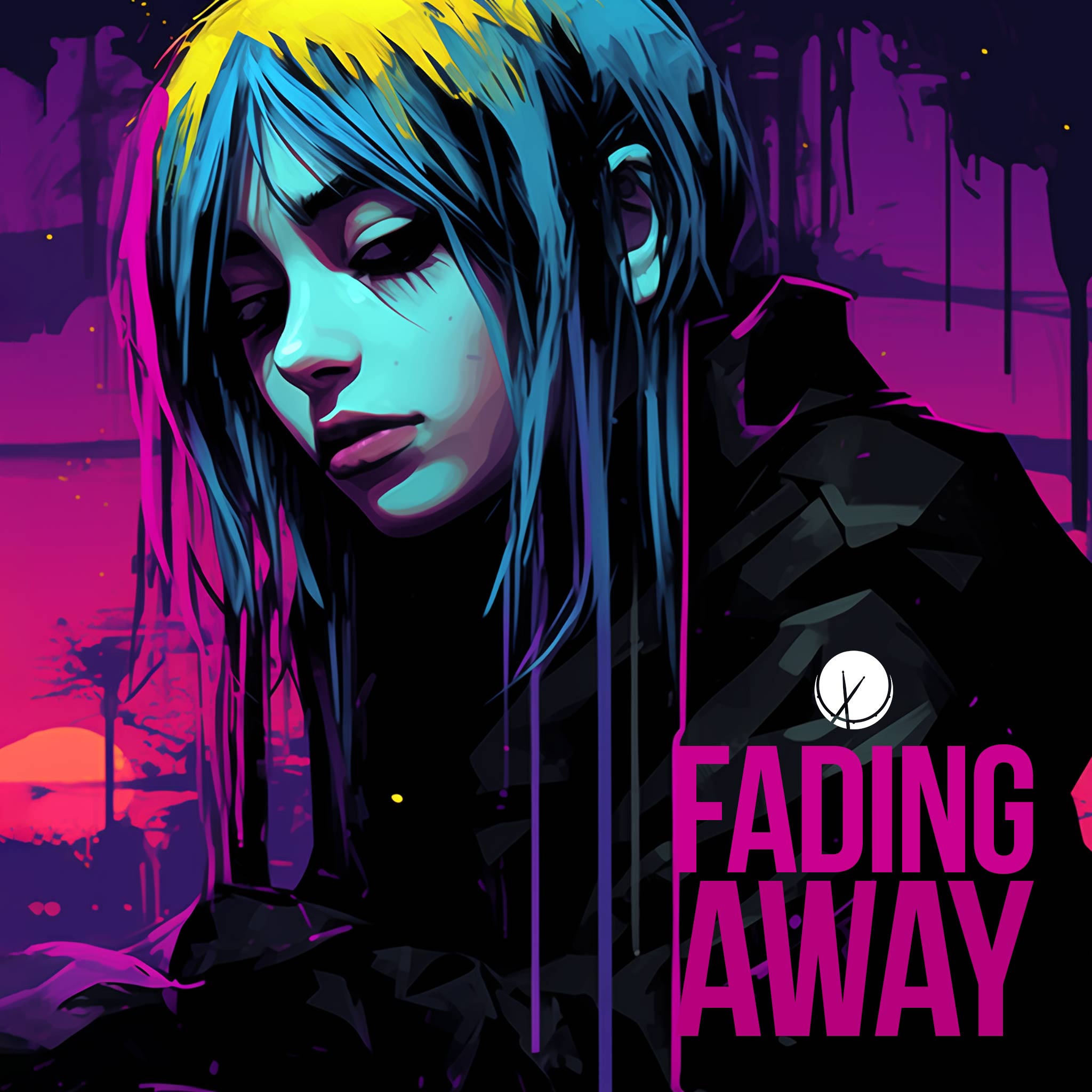 Illustration of an emo girl wearing all black, with dyed colored hair and a depressed expression. The scene is characterized by vibrant colors. Title: "Fading Away."