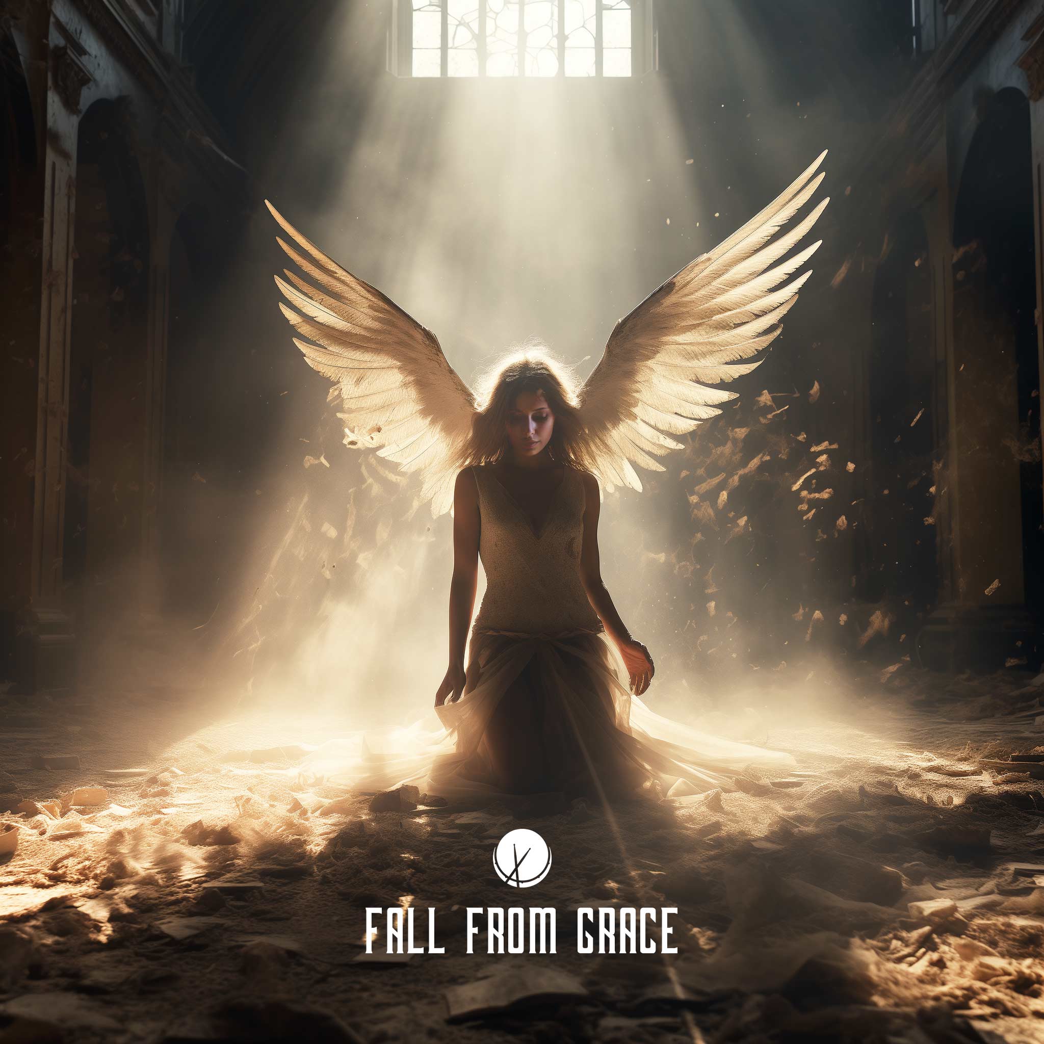 Dramatic scene titled "Fall from Grace" featuring a blonde angel in a white dress with large wings, crashing onto the ground inside a cathedral. Feathers and particles are flying everywhere, with debris scattered on the floor, capturing a moment of intense emotion.