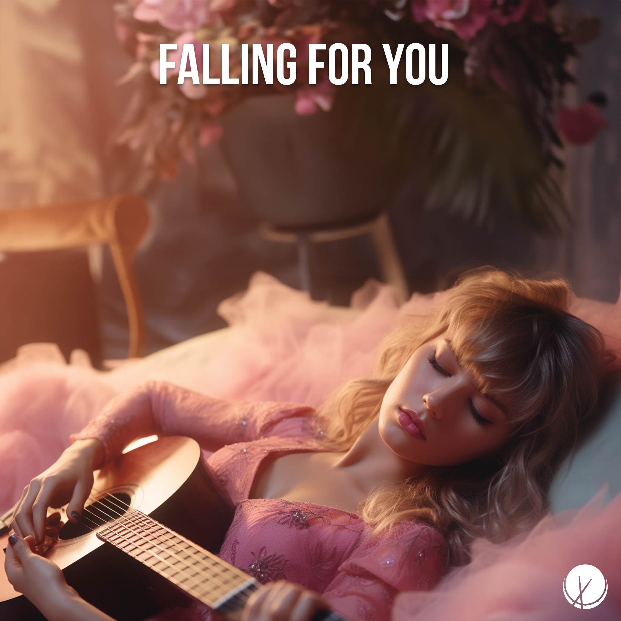 Falling for You - Attractive Blonde in Pink Dress, Laying Down with Acoustic Guitar, Flowers.