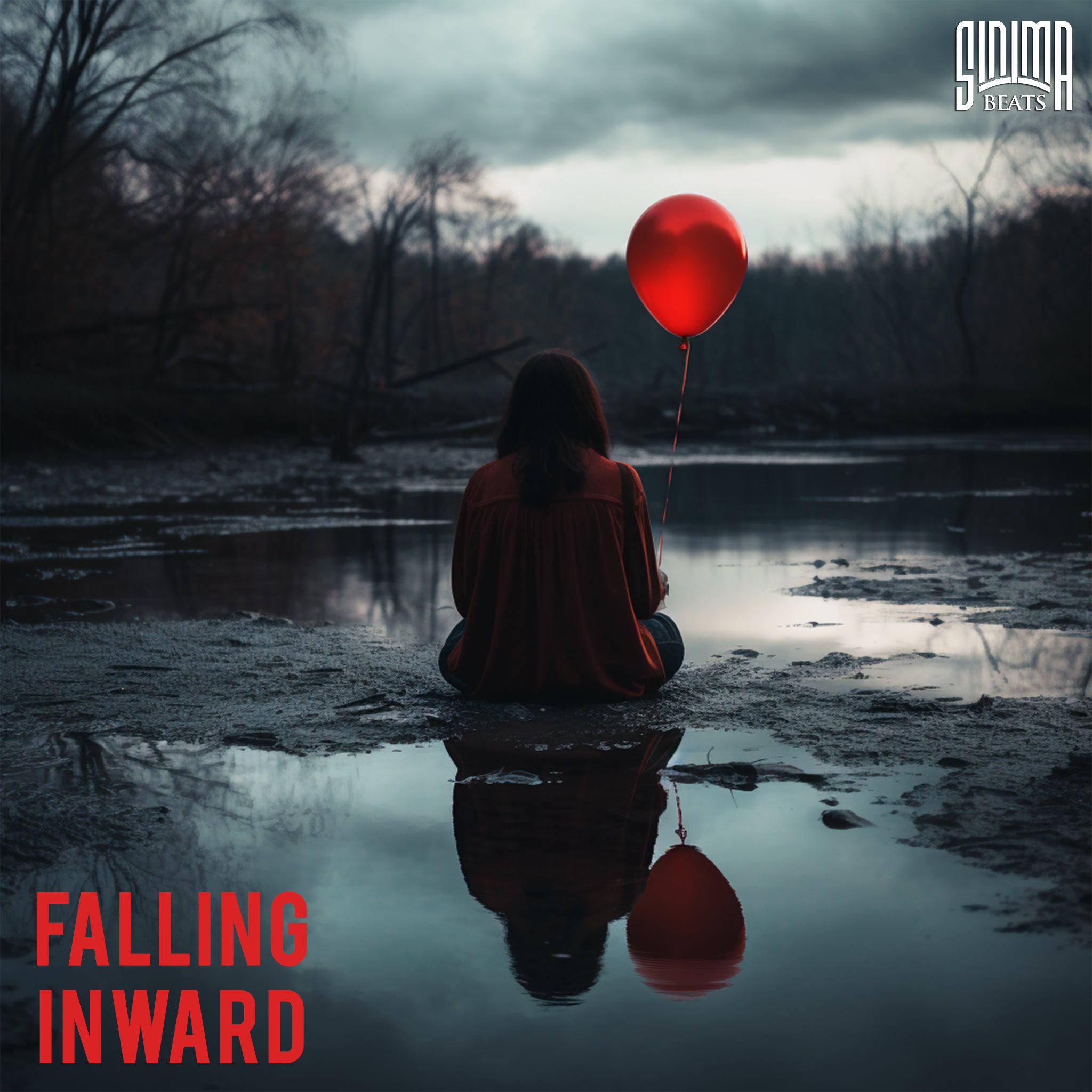 Poignant scene of a girl sitting near a forest in the evening, beside a drying-up lake, holding a red balloon, capturing the mood of 'Falling Inward.'