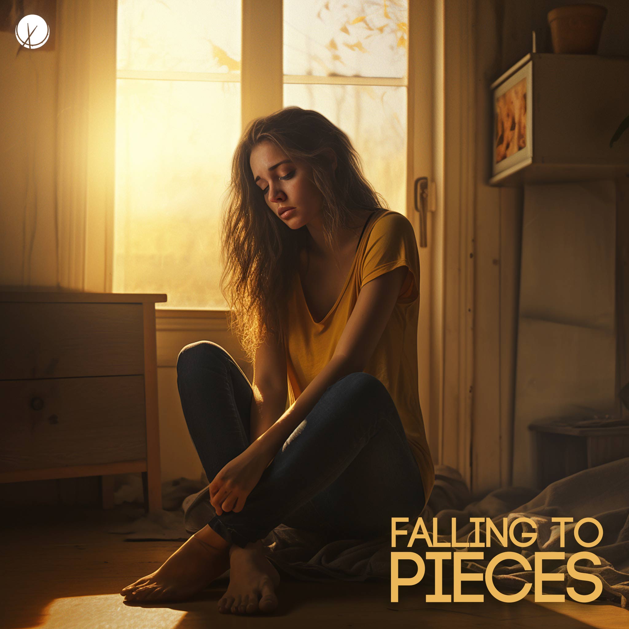 Falling to Pieces: Girl with Yellow T-shirt and Fitted Blue Jeans Sits on the Floor, Barefoot, Helplessly, with a Sad Facial Expression. Home is Messy with Soft Lighting.