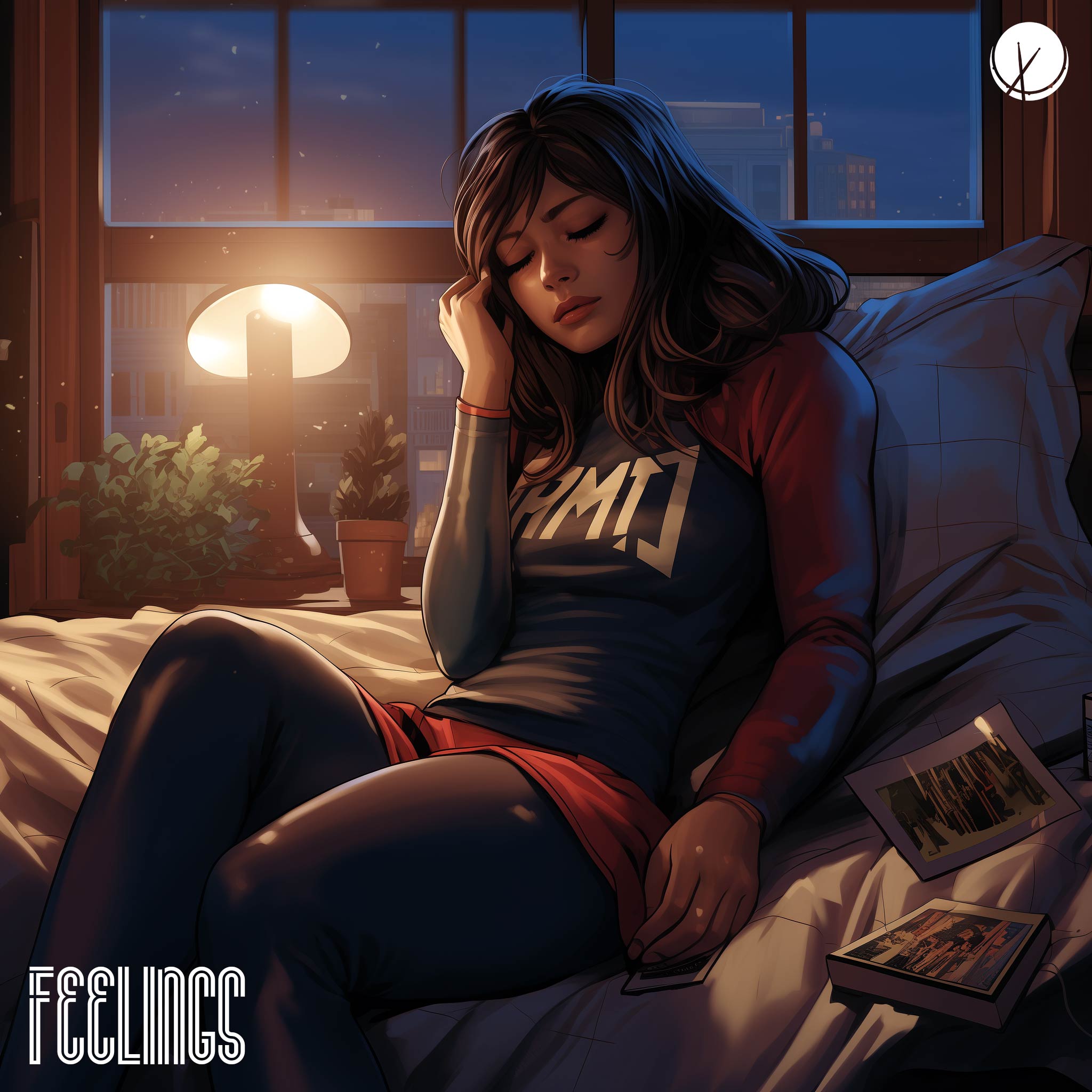 Illustration of a woman leaning back in bed in her room during the night. She has brunette hair and is wearing a red skirt. Title: "Feelings."