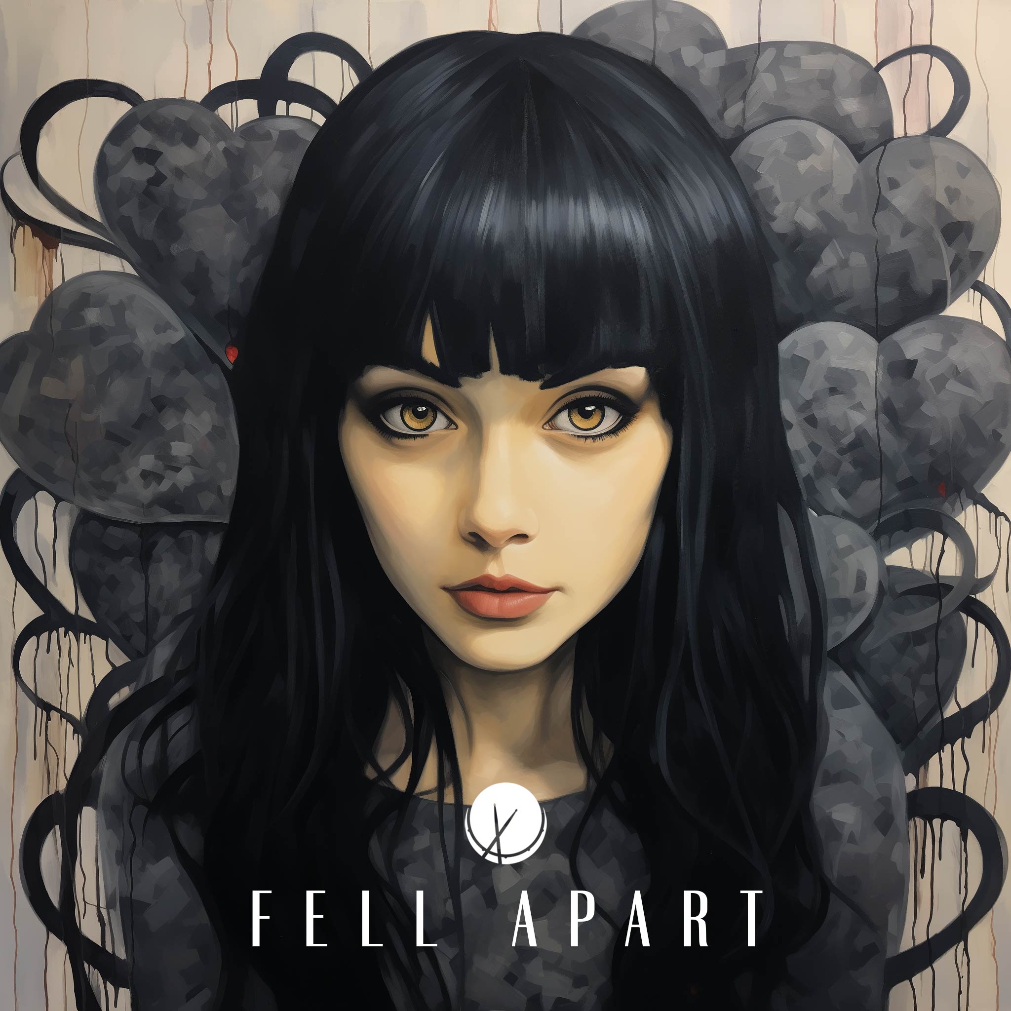 Illustration of a young attractive woman with black hair and hazel eyes surrounded by dark hearts. Pop cover art illustration. Title: "Fell Apart."