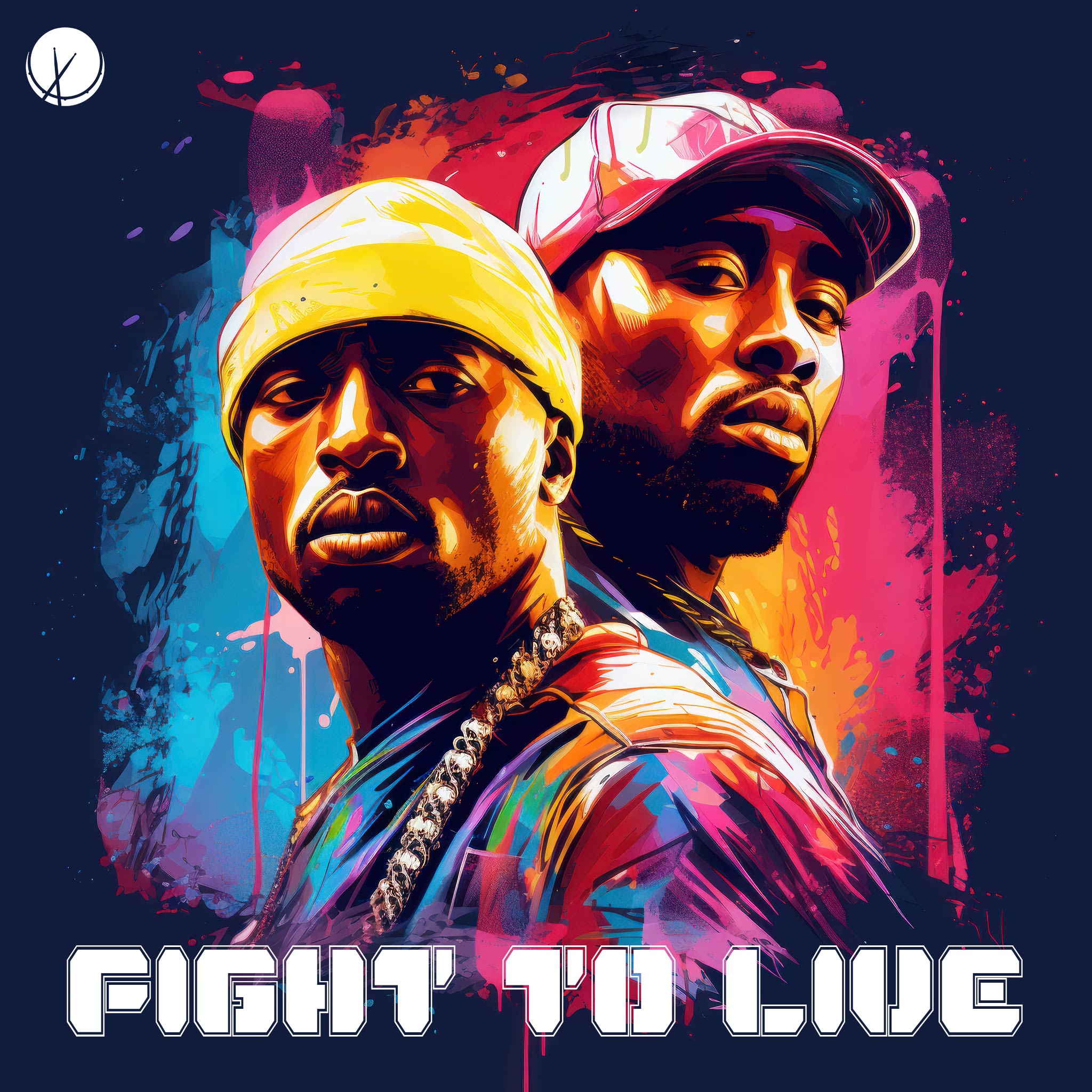 Two Rappers Wearing Gold Chains and Hats, Illustration with Vibrant Colors and Paint Splatter. Title: "Fight to Live."