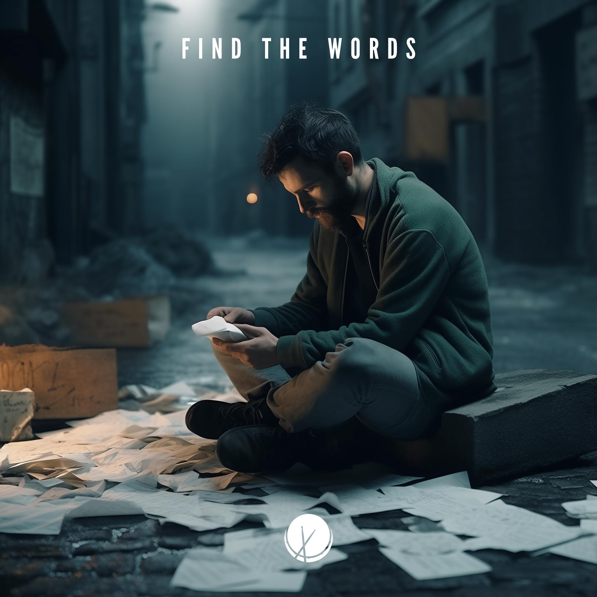 Man in casual urban clothing sitting on concrete, having difficulty writing a letter. Night-time scene. Title: "Find the Words."