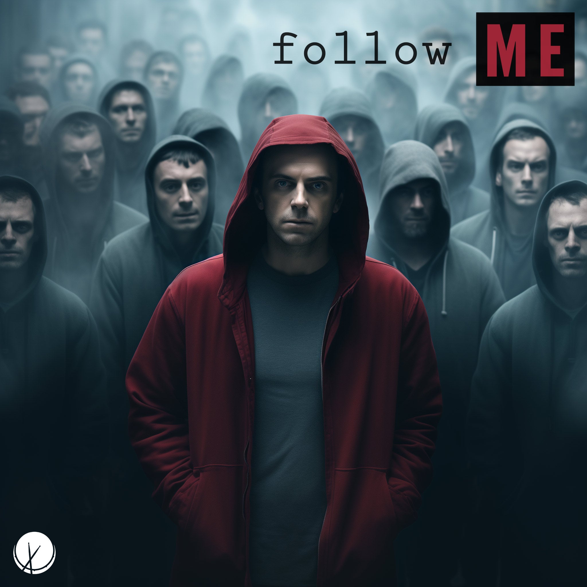 Rapper wearing red hoodie being followed by a huge crowd of men, all in gray hoodies. Fog, eerie scene. Title: "Follow Me."