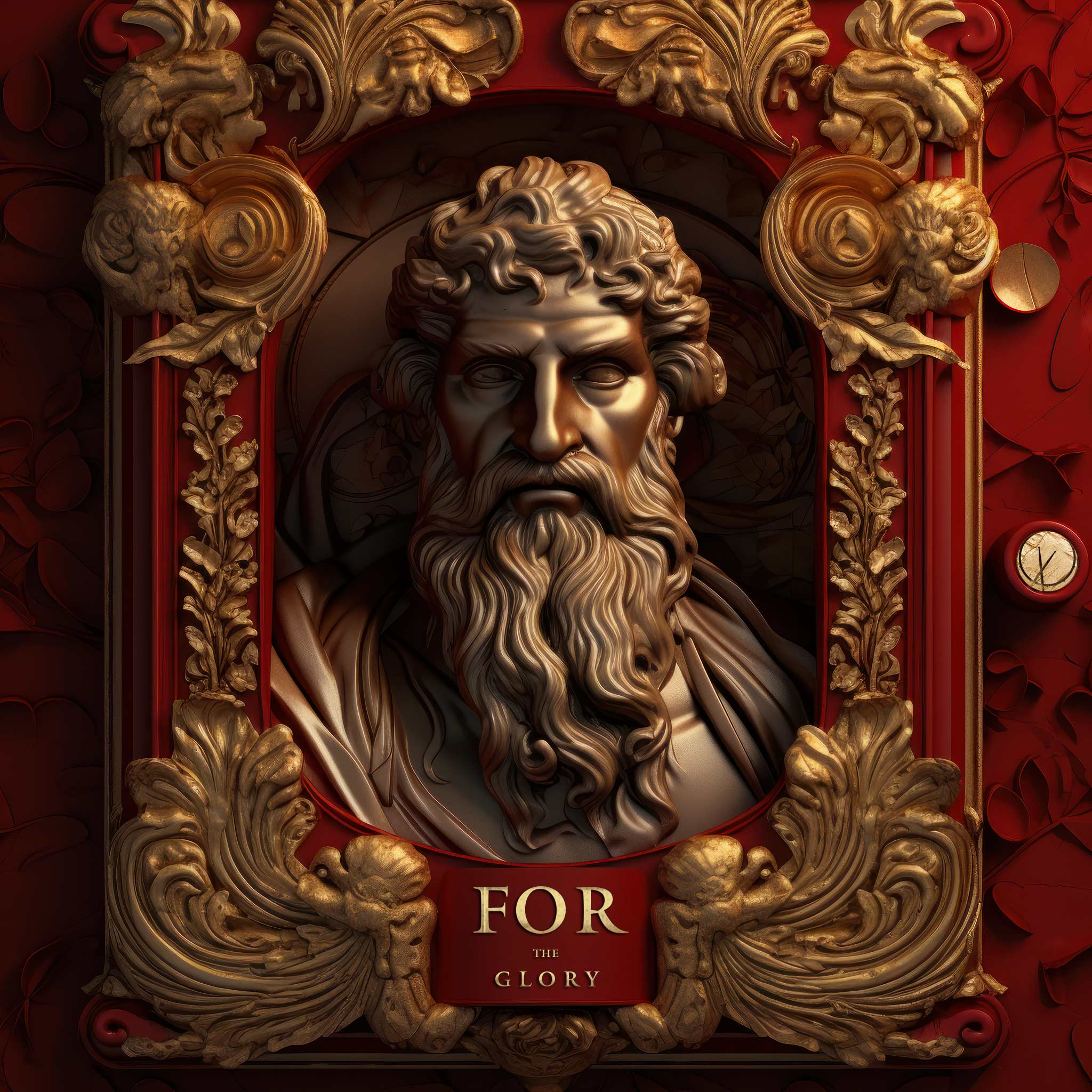 Roman Golden Sculpture of Marcus Aurelias Royal Red Background, Textured Hip Hop Cover Art. Title: "For the Glory."