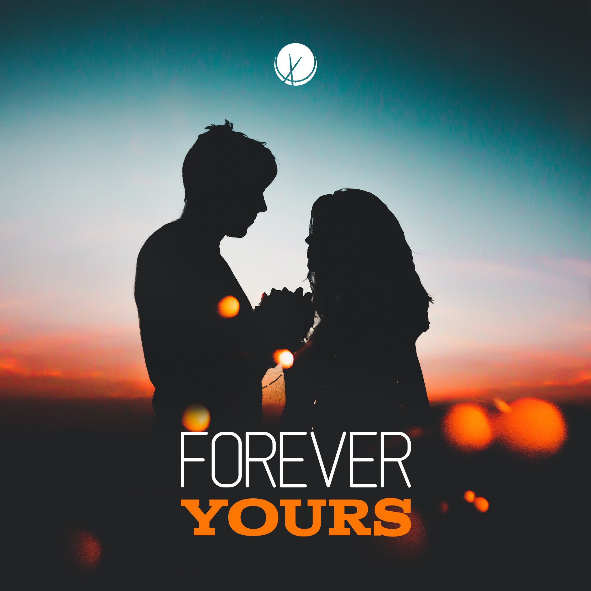 Silhouette of Couple Face-to-Face in Love with Bokeh Lights and Sunset Sky - Forever Yours