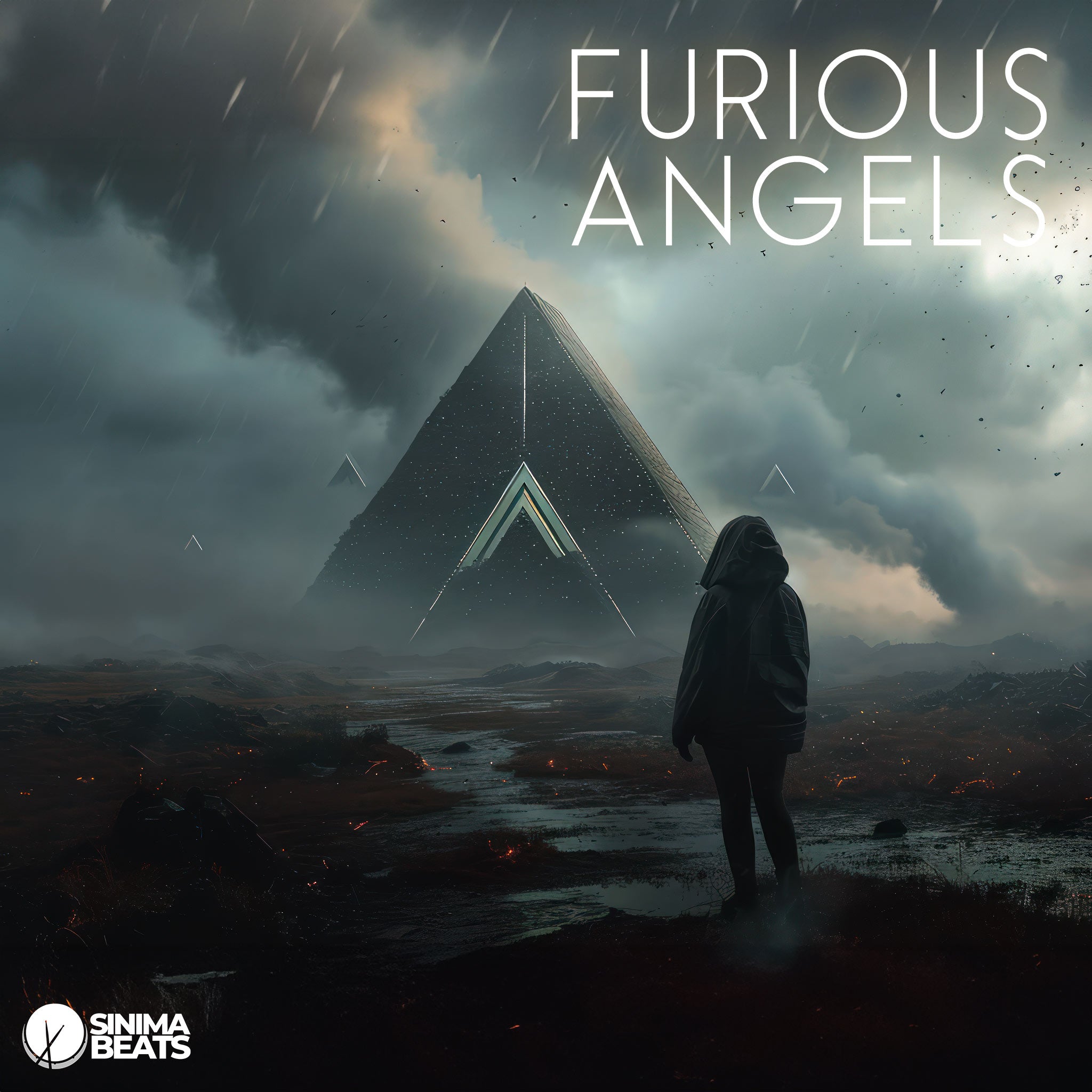 Dystopian Scene with Computerized Pyramids Crash-Landing on Earth, Woman Standing in Amazement Wearing Hooded Jacket with Smoke Rising - Furious Angels