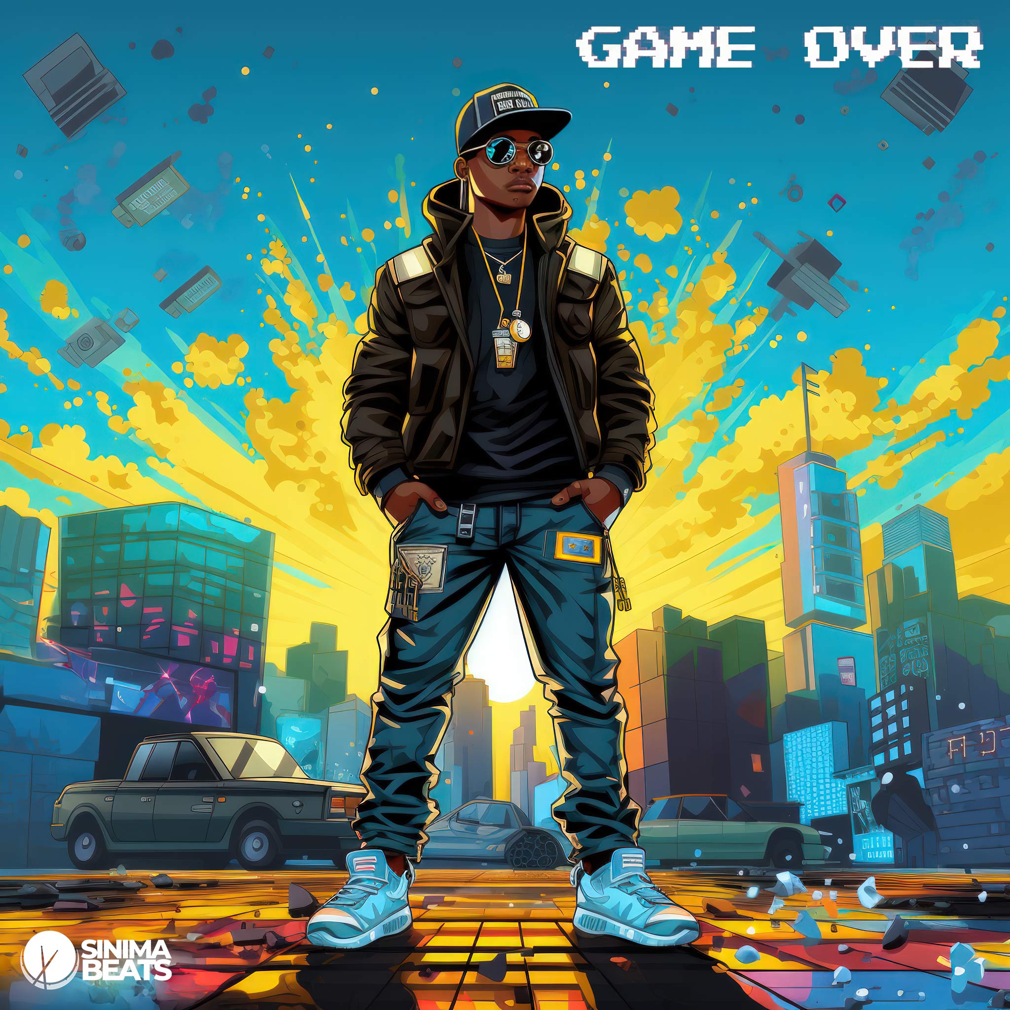 8-Bit Video Game Illustration with Levels Featuring Main Character Rapper in Urban Clothing in a Colorful City - Game Over