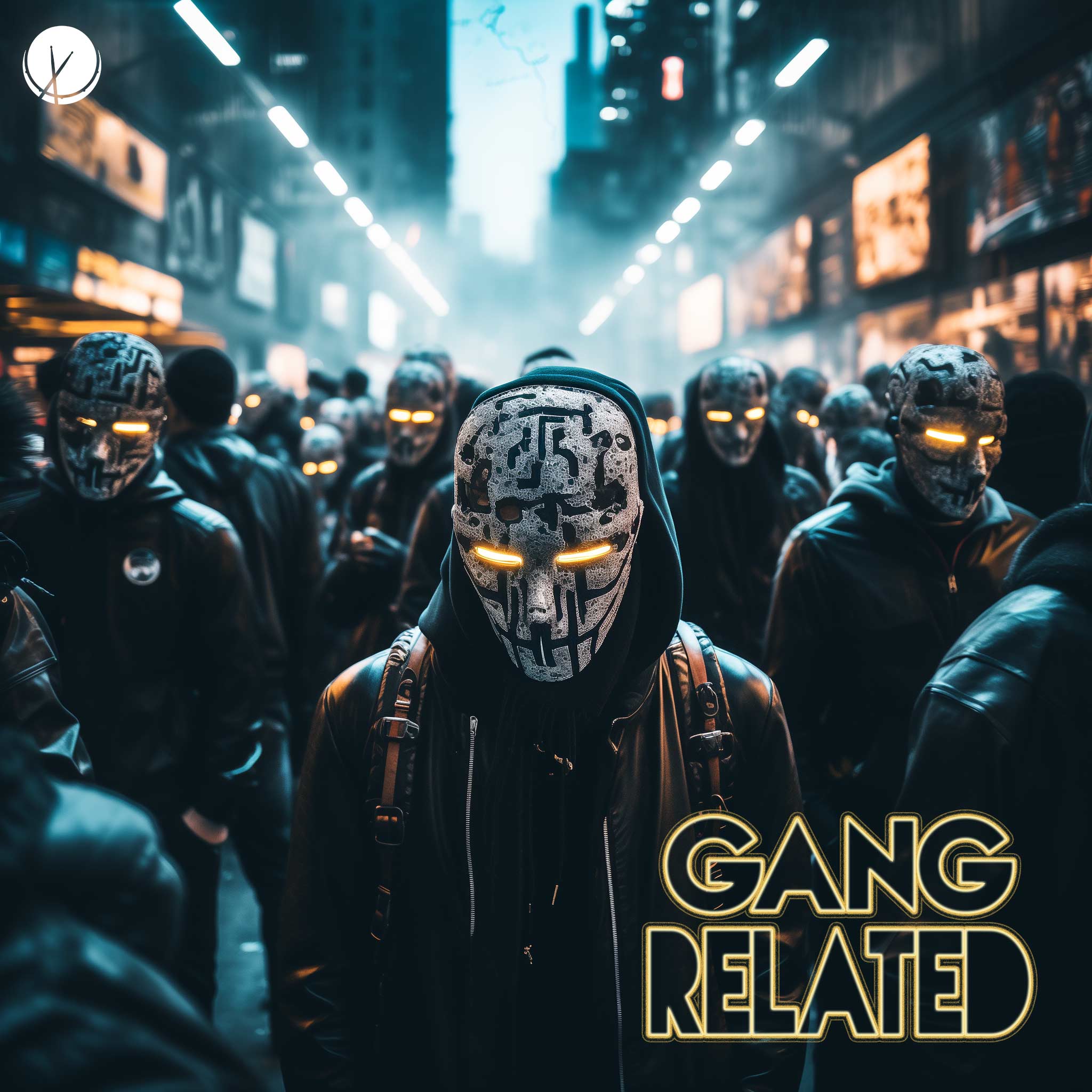 Gang Related: Crowd of Men in Urban City, Evening Time, All Wearing Masks and Black Leather Jackets - Eyes Glowing Yellowish. Drill Music Cover Art.