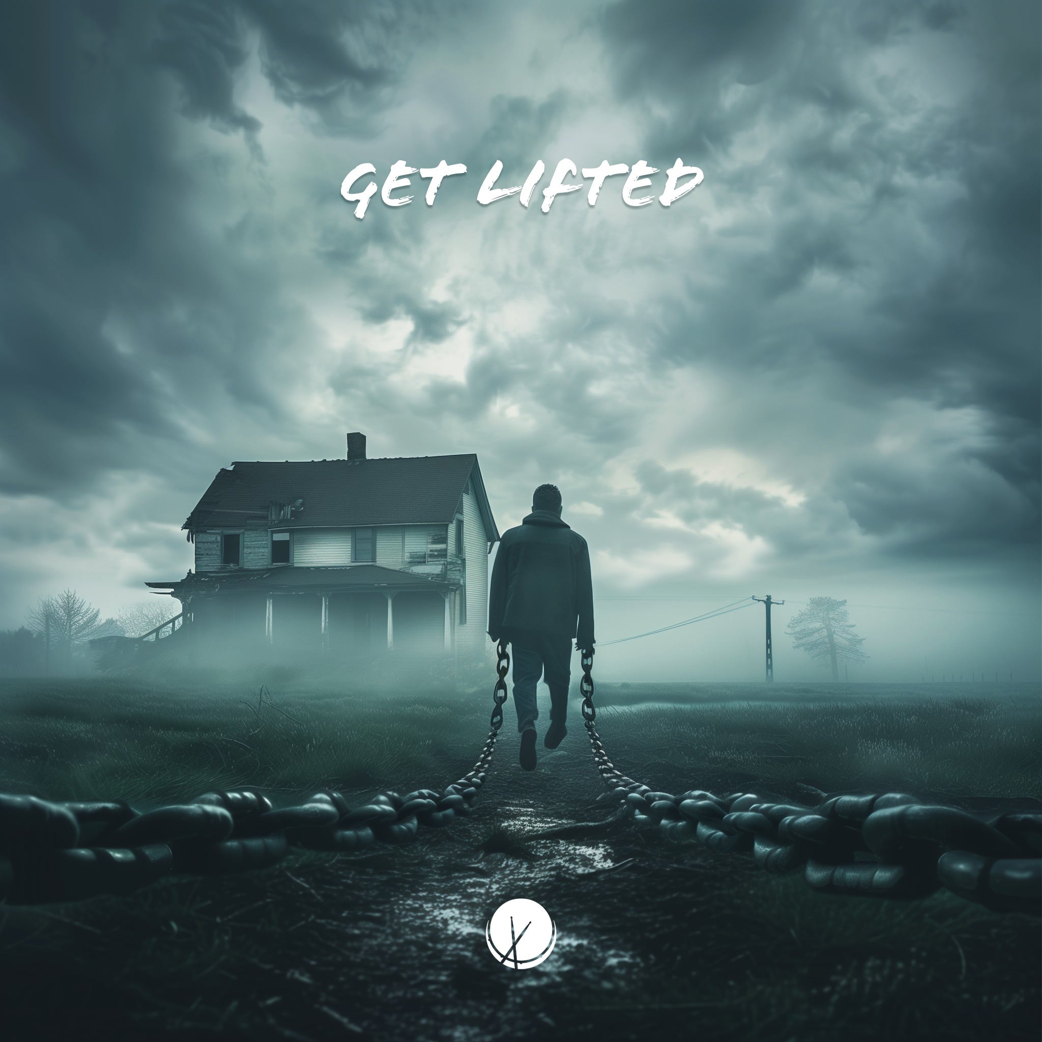 Man Chained and Ascending Above Ground in Ominous Farm Land Setting with Fog and Dilapidated House - Get Lifted