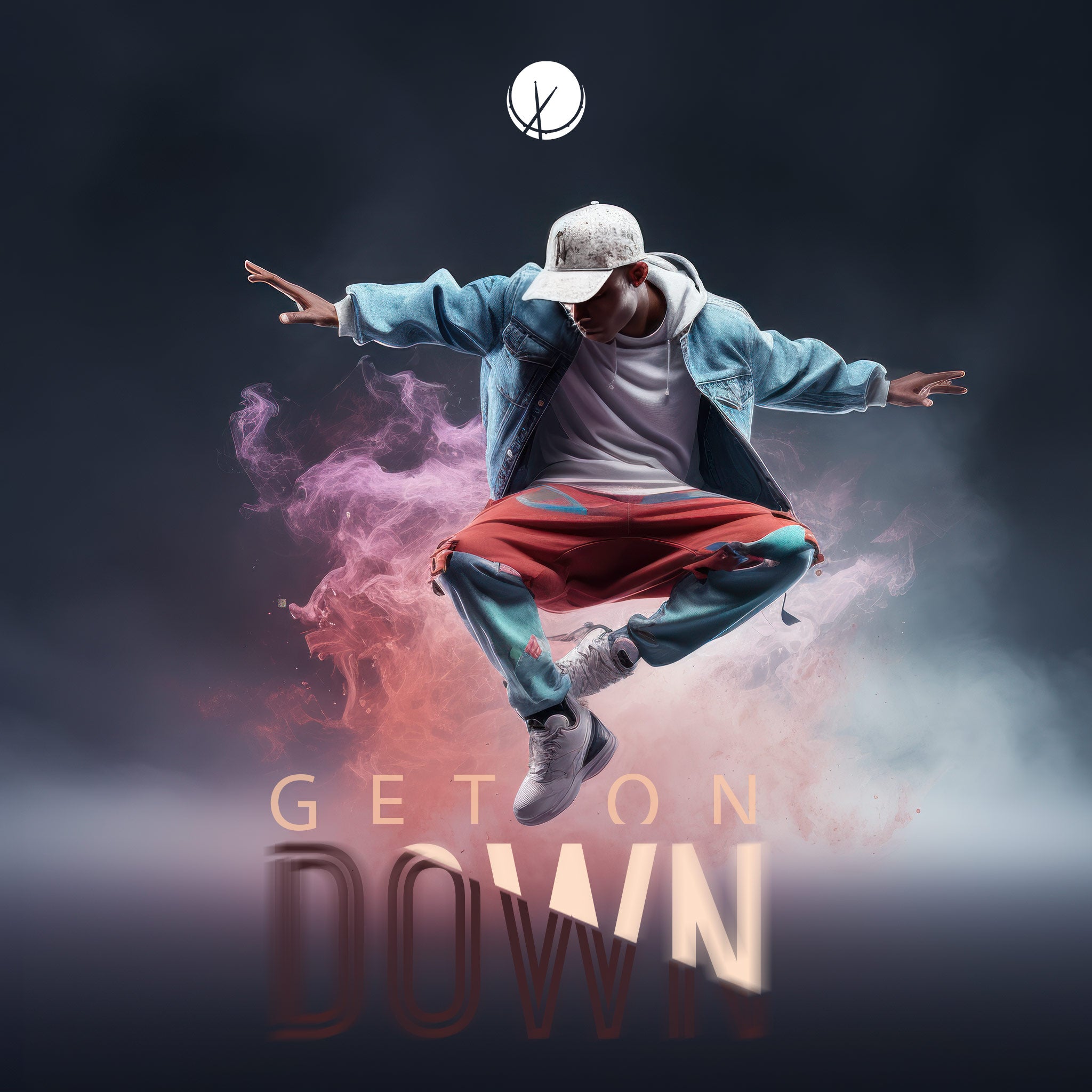 Dynamic scene titled "Get on Down" featuring a hip-hop breakdancer in motion, captured by a photographer. The dancer is wearing urban-style clothing, creating an energetic and stylish composition.