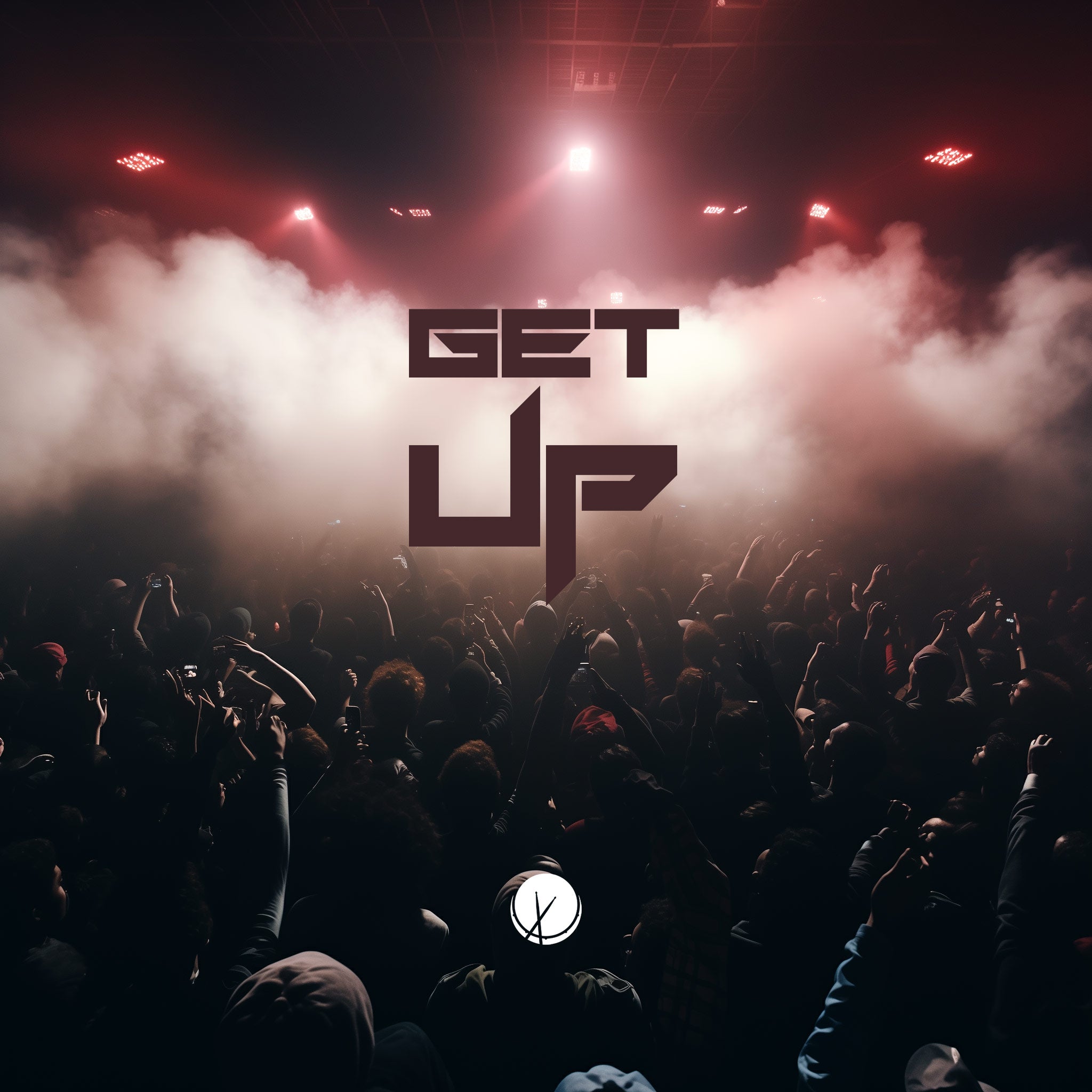 Dynamic scene titled "Get Up" showcasing a massive crowd at a hip-hop concert. The atmosphere is intense with fog, creating a dark and energetic ambiance, making it ideal for rap cover art.