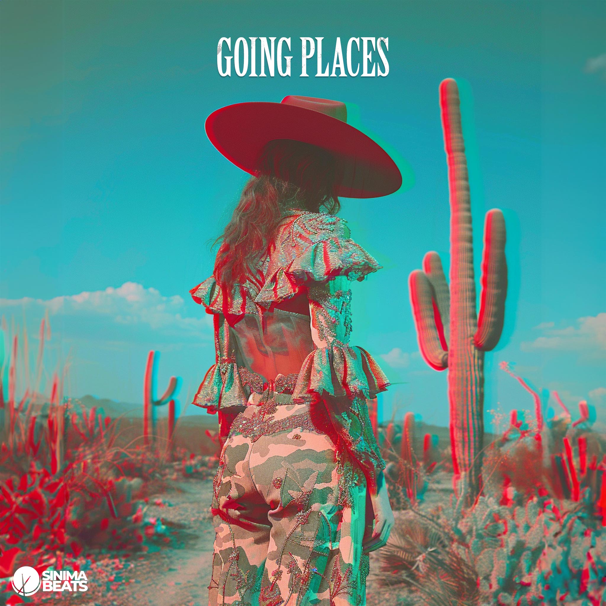 A high-quality 3D-style photograph of a woman standing in a vast desert landscape. She is wearing army camouflage pants and a cowgirl hat, with her back turned to the camera. The scene features tall cacti, a clear blue sky, and a warm, sandy terrain, creating a rugged yet adventurous atmosphere. - Going Places by SINIMA BEATS