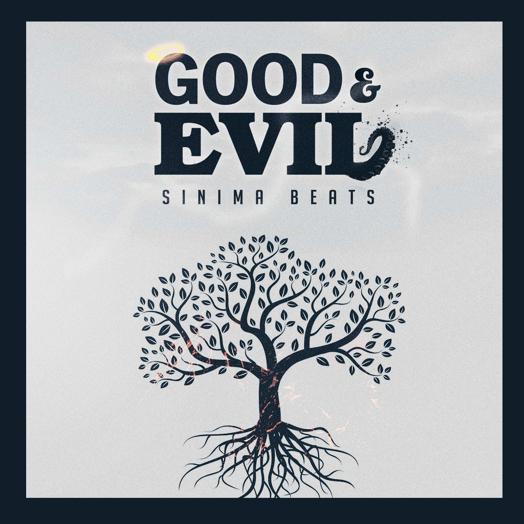 Cover art with a textured light background and a dark blue frame. It features an angel halo, an octopus leg as part of the title text, and a centered Tree of Life. Title: "Good & Evil."