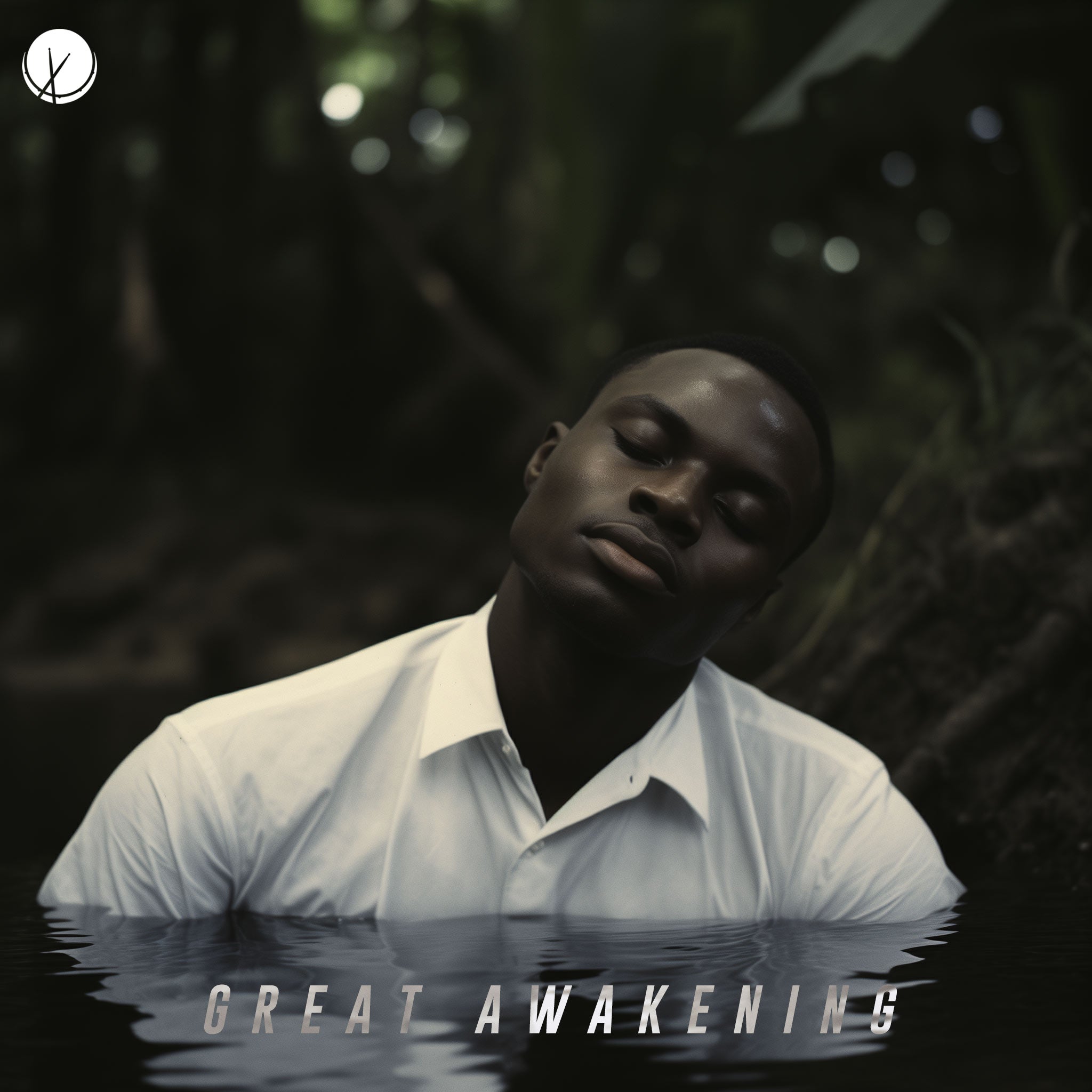 Cinematic hip-hop cover art of a black man in a white dress shirt sitting up in a river, halfway out of the water with his eyes closed. Jungle background.