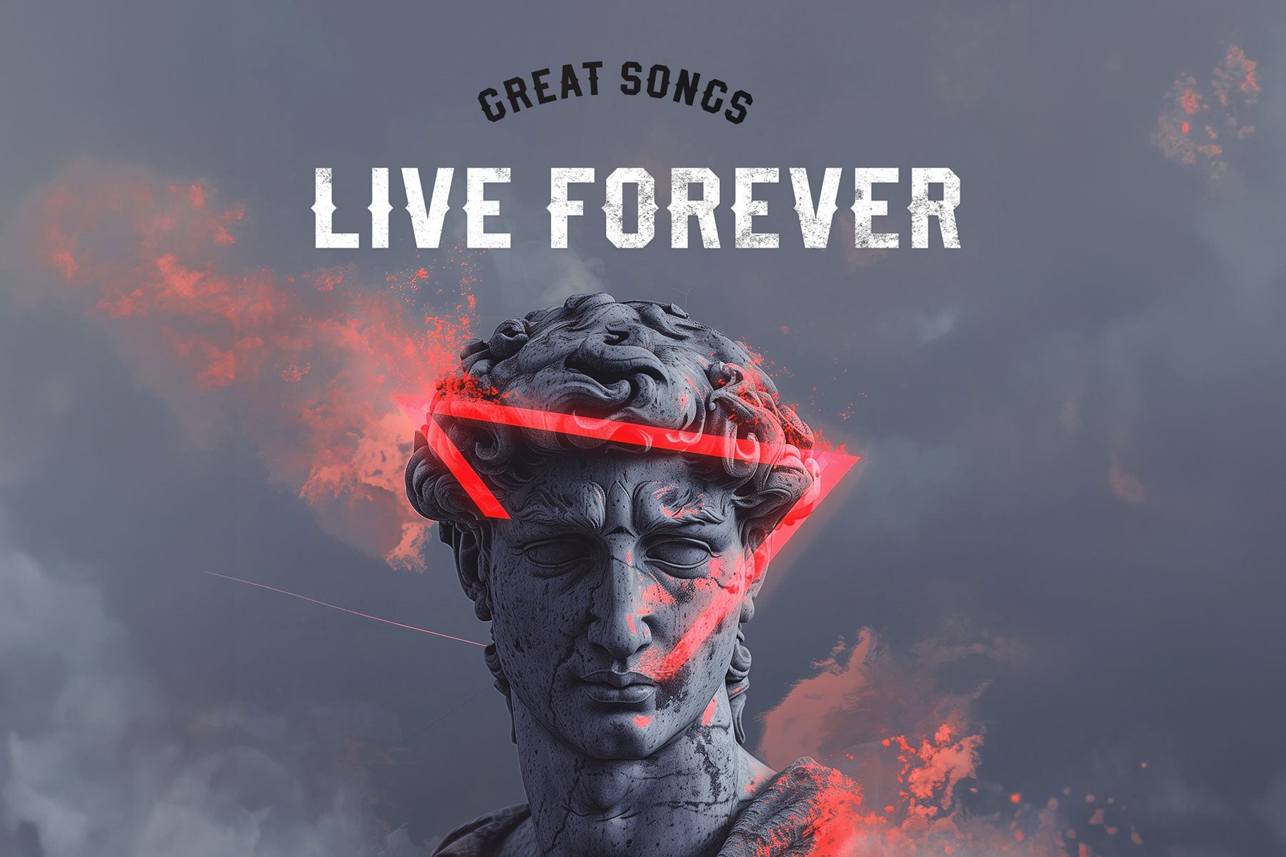 A close-up of a Roman emperor bust, set against a dramatic gray background with dark clouds and red neon streaks, symbolizing the timeless legacy of great songs that live forever.