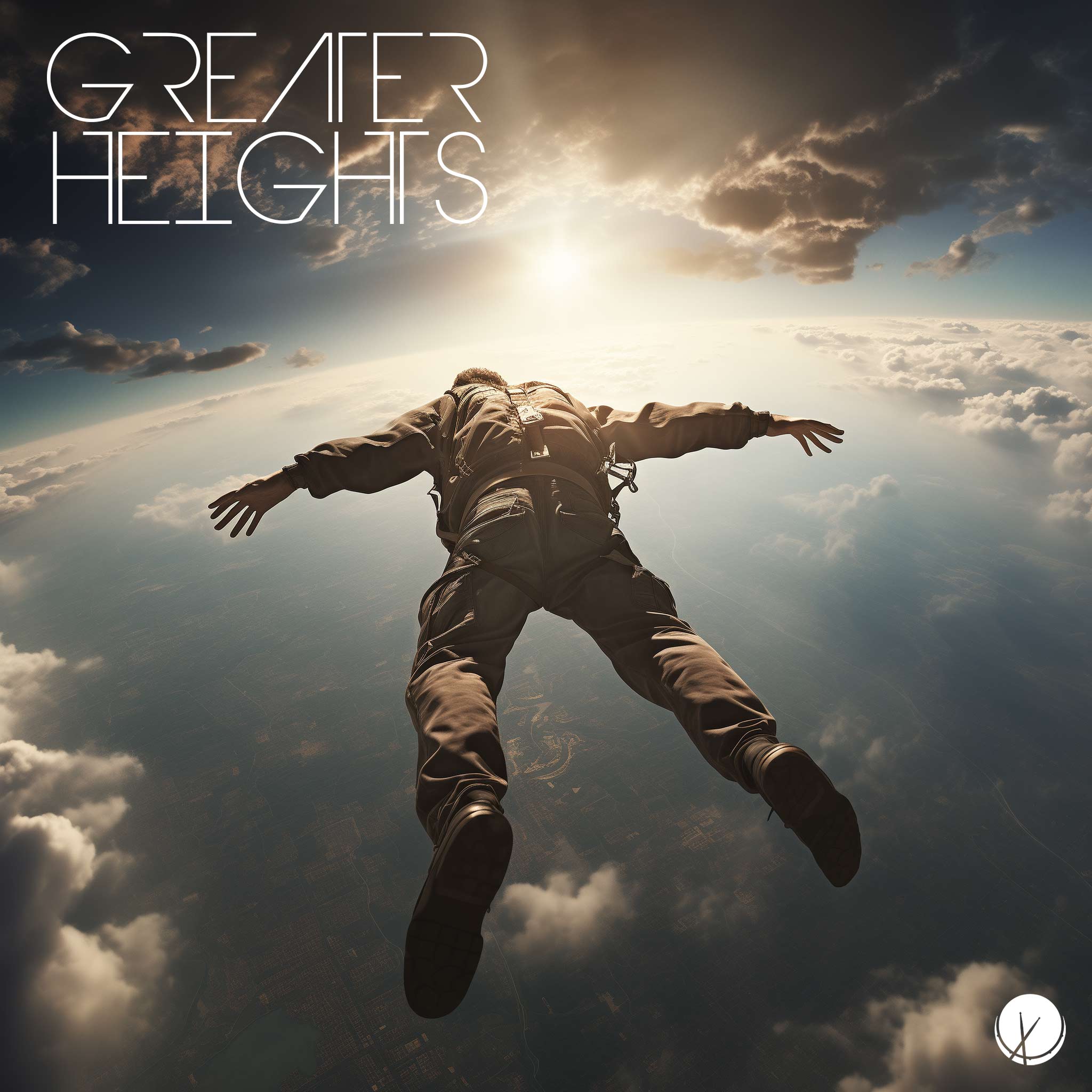 Exhilarating scene titled "Greater Heights" capturing a man skydiving high above the Earth, showcasing the thrill and adventure of free-falling through the sky.