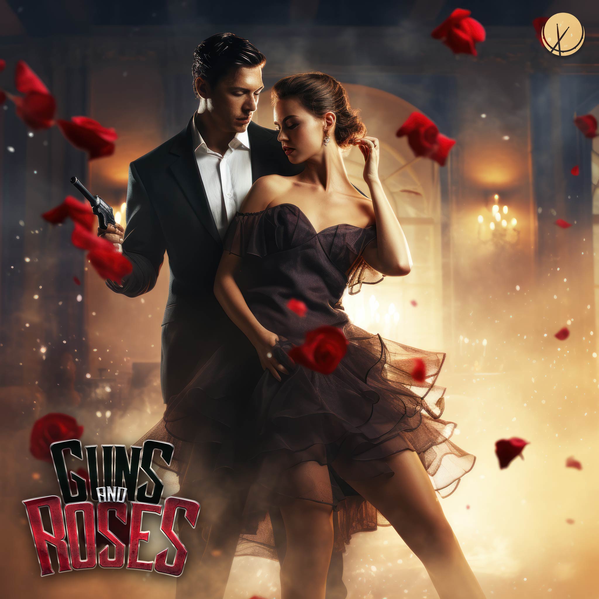 Romantic and Dangerous Scene of Handsome Man in Black Suit Holding Gun, Dancing Tango with a Beautiful Woman Wearing a Dark Short Dress in a Ballroom with Rose Petals. Title: "Guns and Roses."