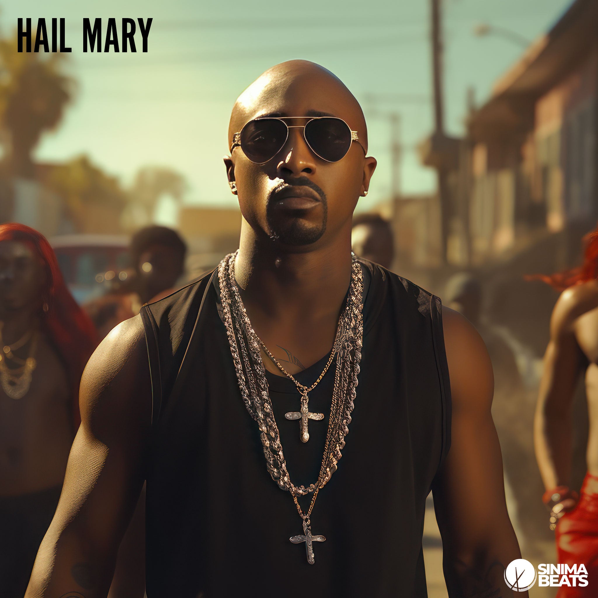 Bald African American Gangsta Rapper with Goatee Wearing Black Shirt and Several Gold Necklaces Walking on the Street Reminiscent or Tupac - Hail Mary