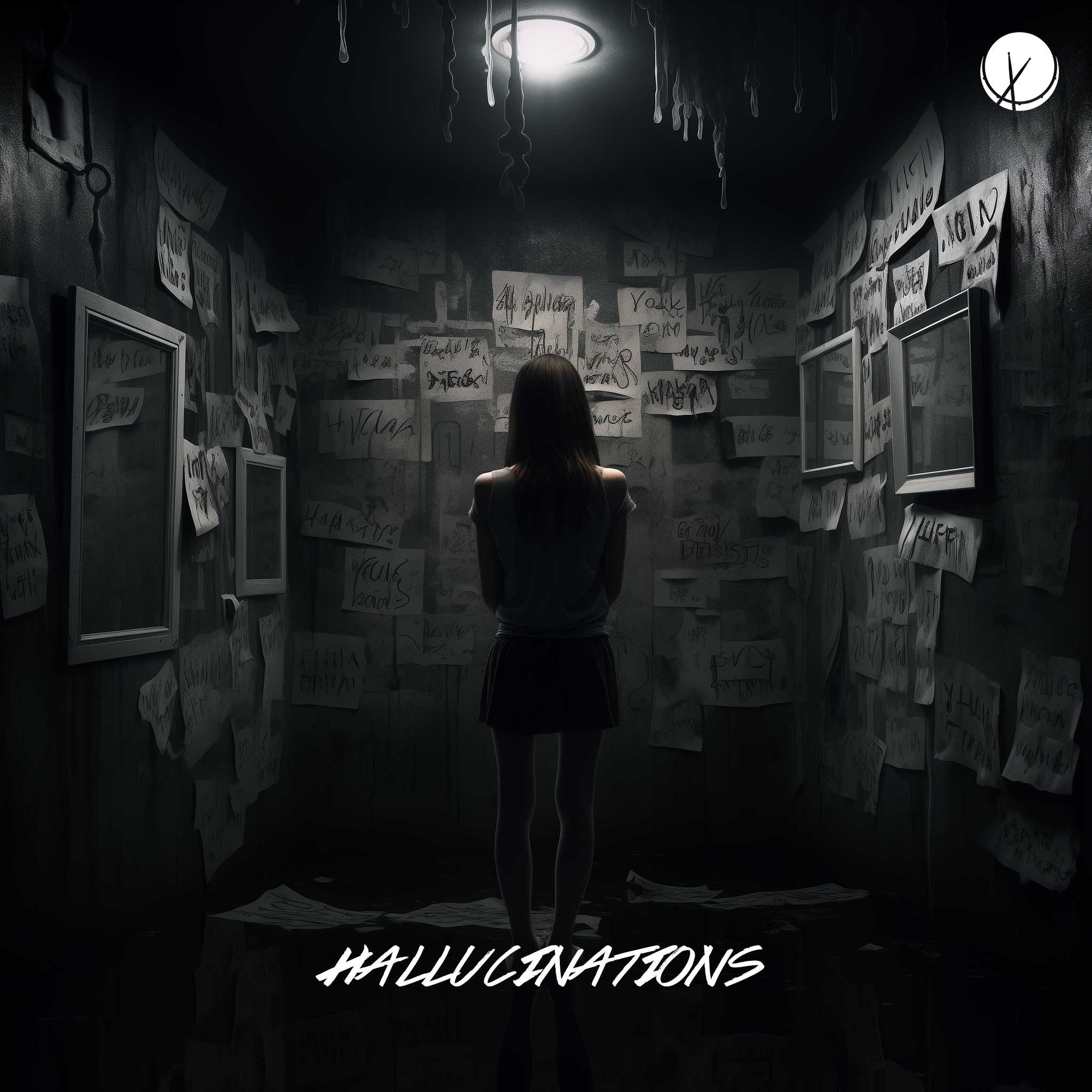 Girl standing eerily in a dark room filled with notes on the walls, mirrors, and a reflective floor, symbolizing hallucinations.