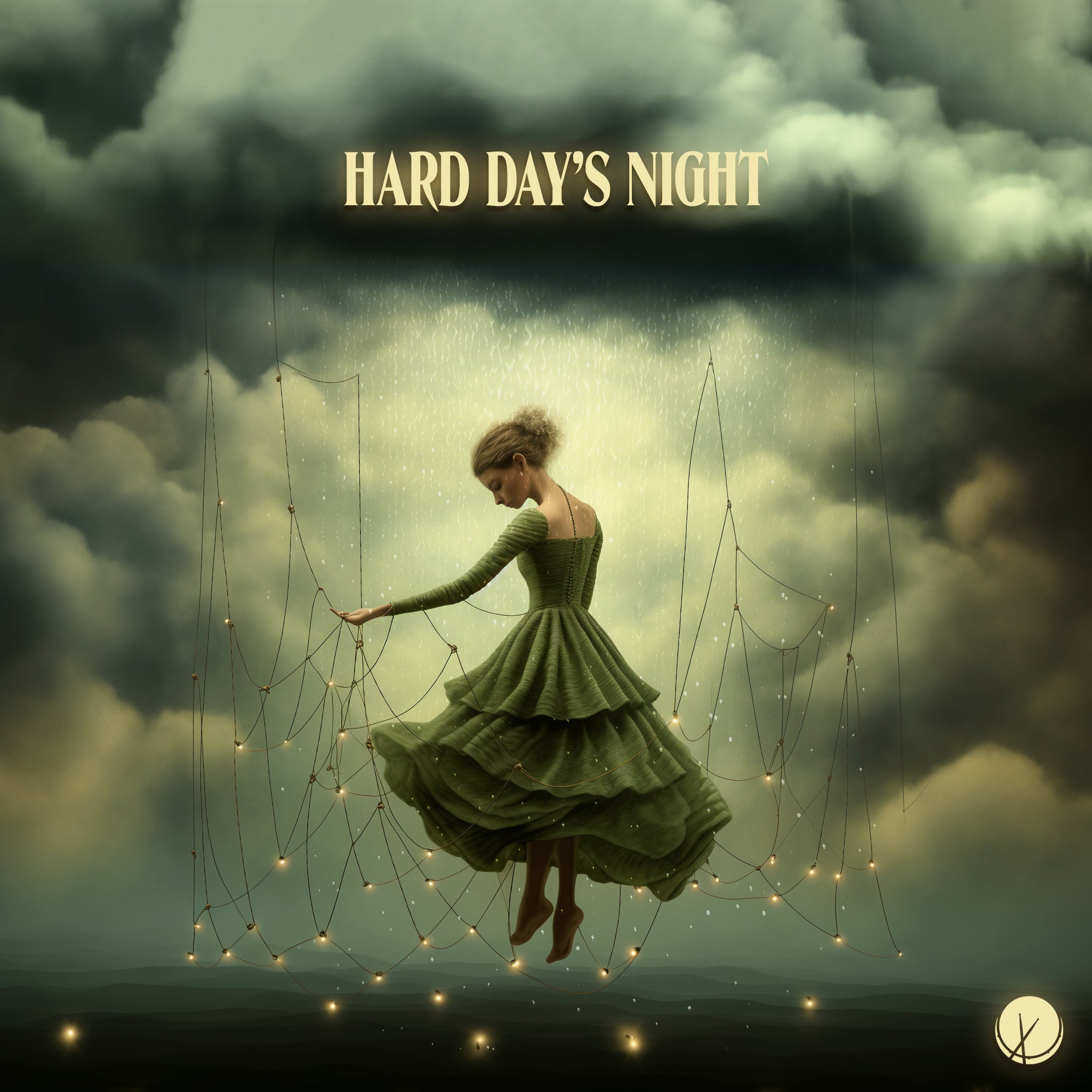 Ethereal scene titled "Hard Day's Night" featuring a woman in a green ballerina costume in a side-profile pose. She is depicted from a far away distance under a dark storm cloud with rainfall. Tangled in strings and bathed in a green hue, small lightbulbs add a mystical touch to the composition.