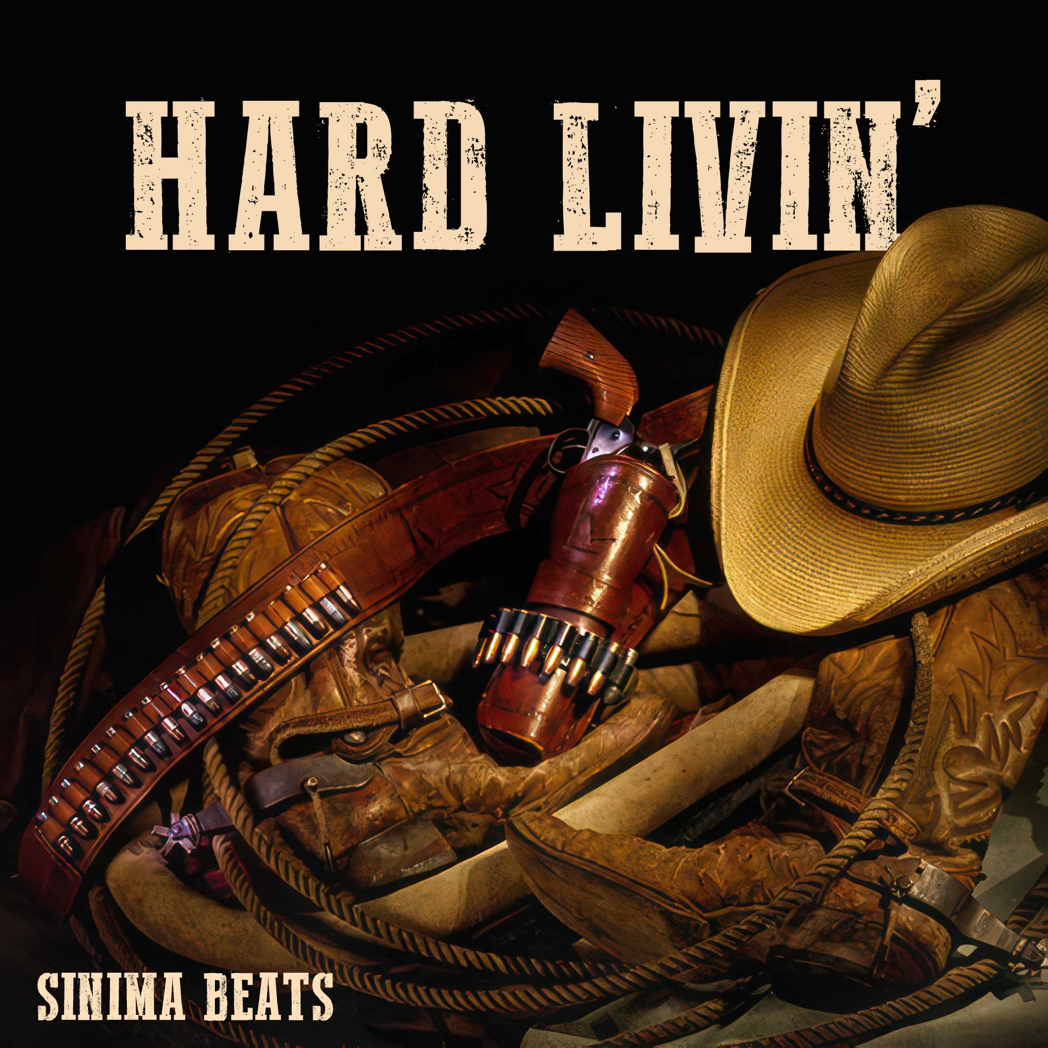 Cowboy Hat, Boots, Pistol Belt with Bullets, and Lasso on Black Background Country Music Cover Art - Hard Livin'