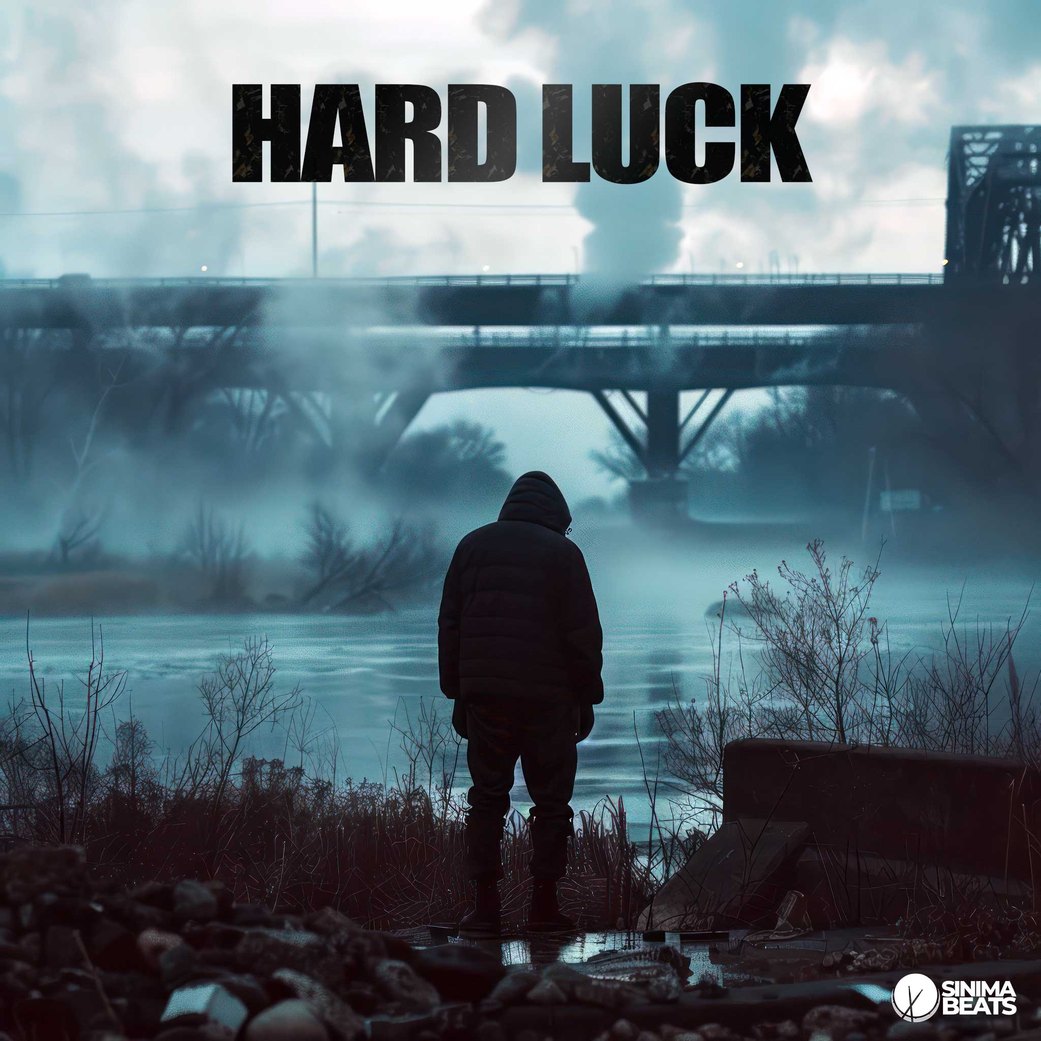 Rap Album Cover with Dark Cinematic Fog, Ominous Setting, Man in Hooded Black Jacket by River and Bridge - Hard Luck