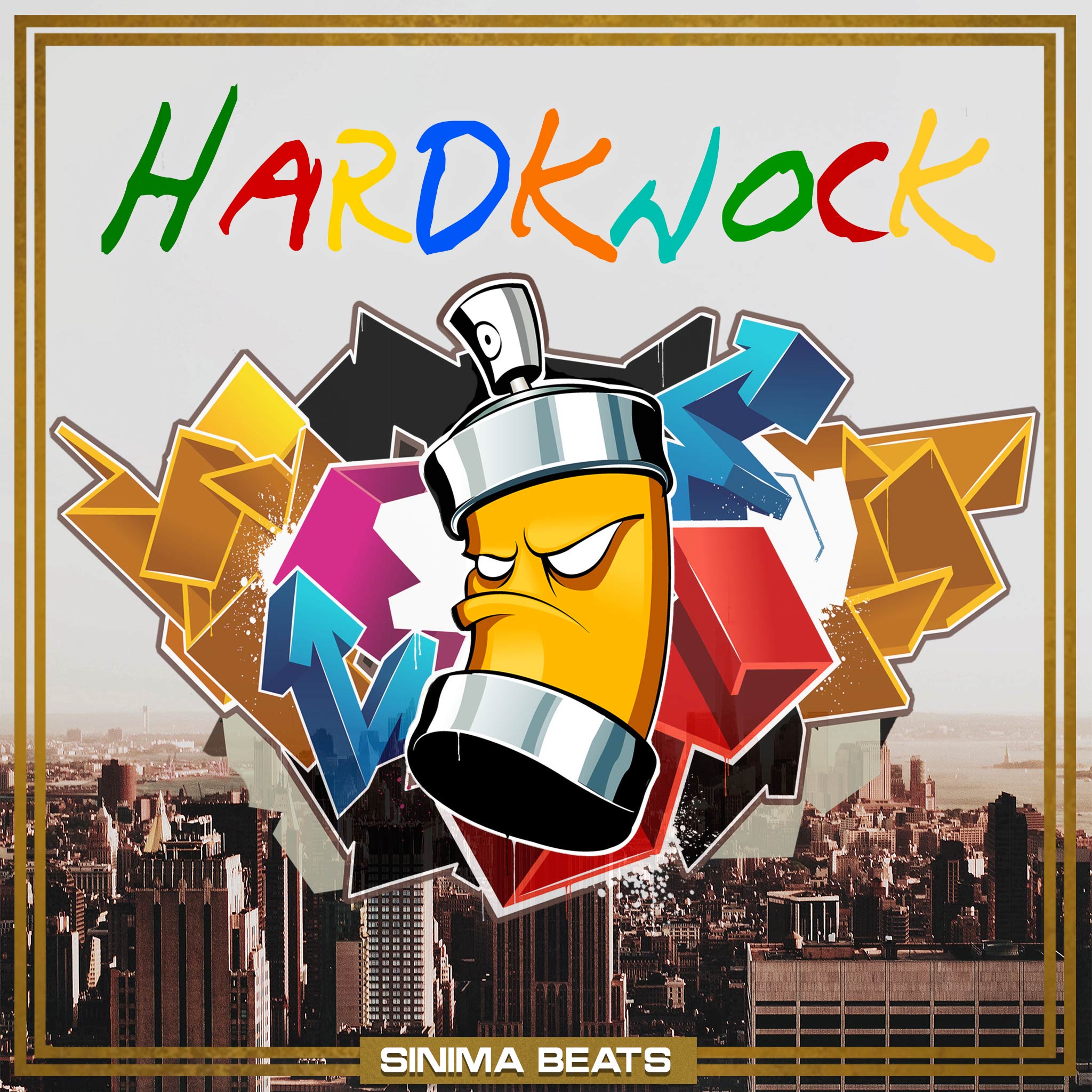 Illustration of Spray Paint Can with Serious Expression, Colorful Arrow Collage, New York City Background, and Multi-Colored Graffiti Title Text - 90s Inspired Hip-Hop Cover Art - Hardknock