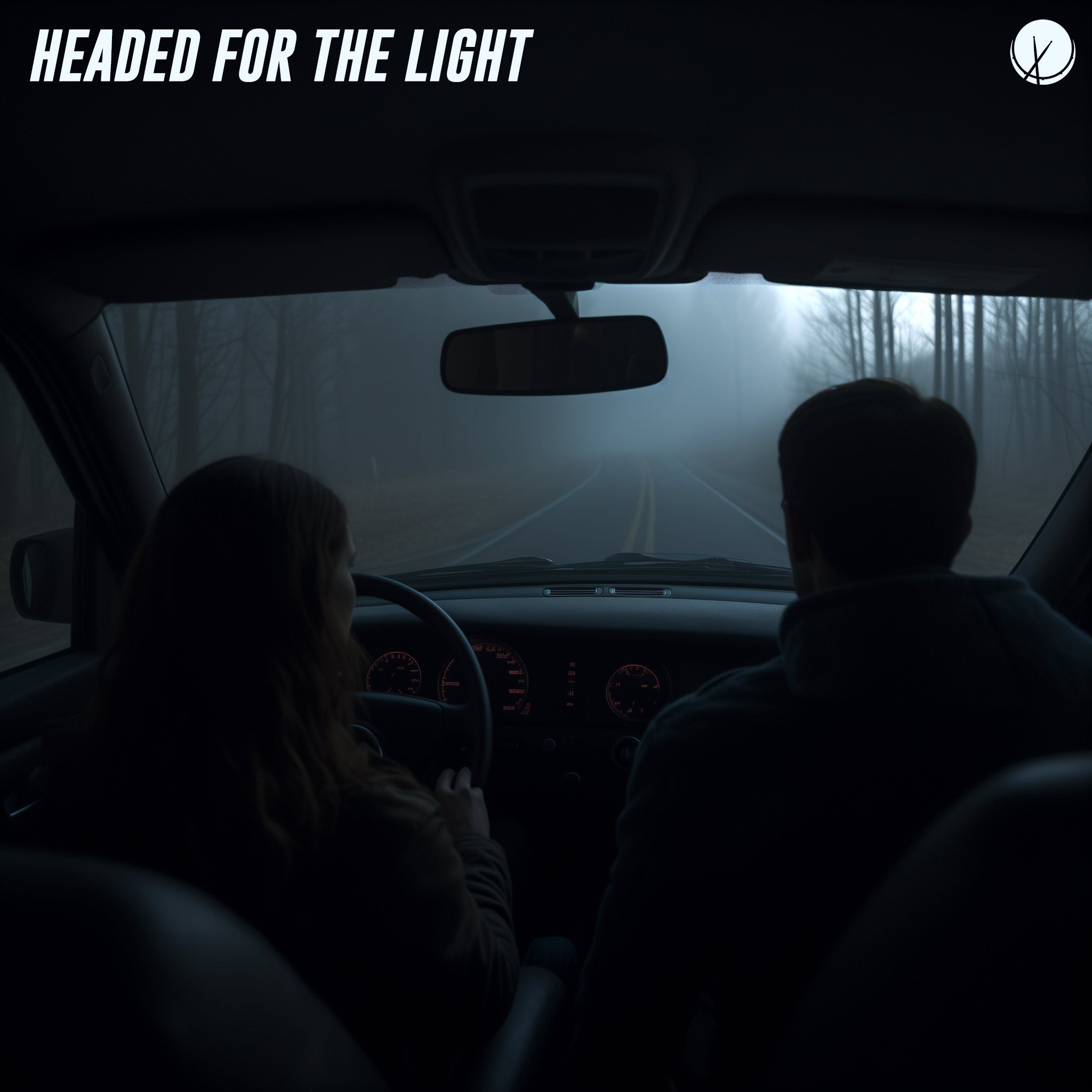 Woman and man driving a car through the darkness towards the light. Title: "Headed for the Light."