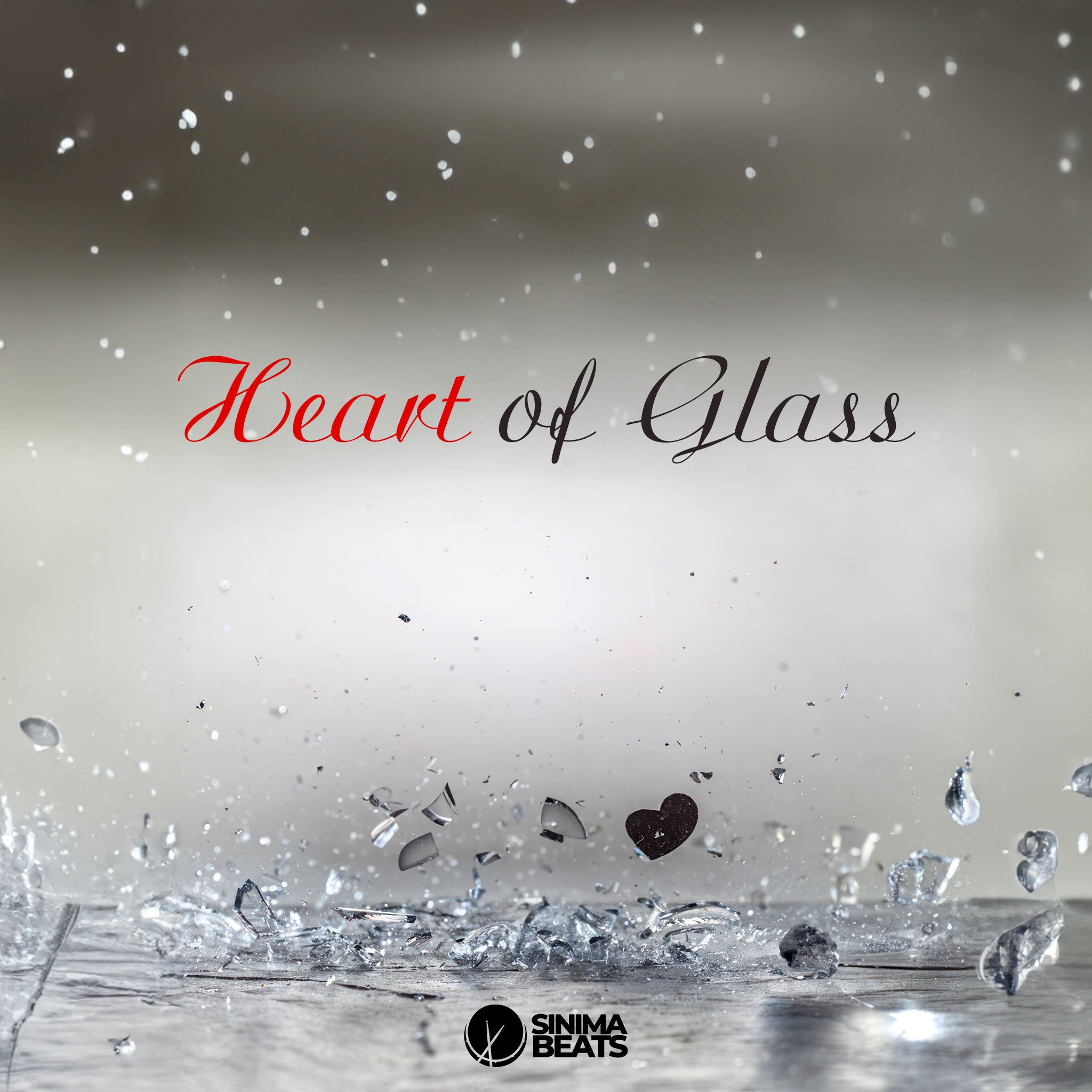 Pop Cover Art Depicting Glass Heart Shattering into Thousands of Pieces with Light Particles on Gray Background - Heart of Glass