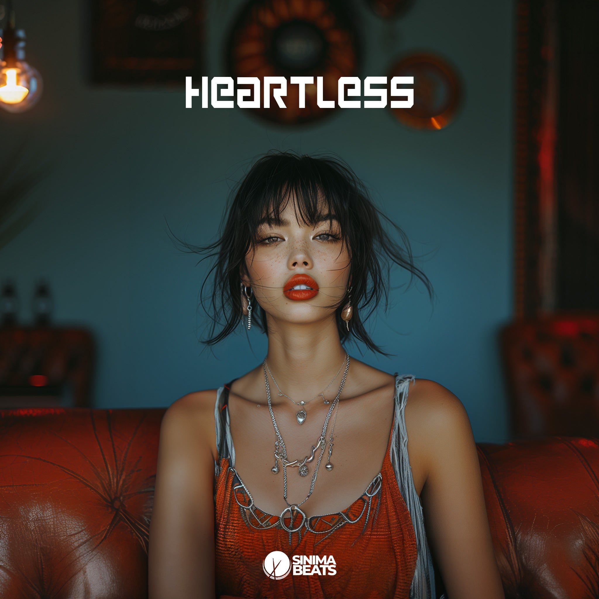 Front Portrait of Beautiful Asian Model with Red Lipstick and Jewelry, Black Hair, Sitting on Red Leather Couch in Room Setting with Blue Walls - Heartless