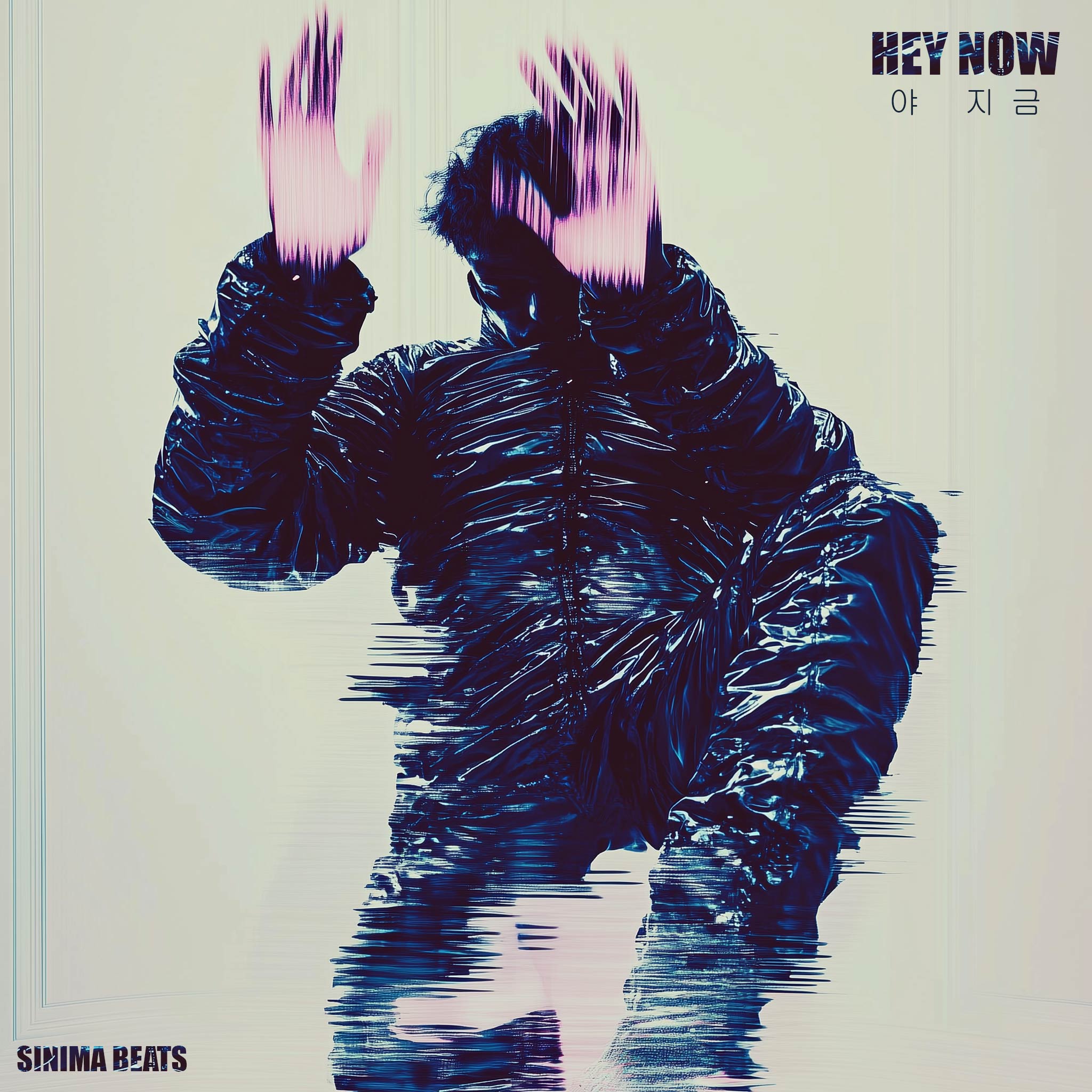 Person in a puffy jacket with glitched effects, hands raised in the air, falling. The image captures a dynamic, glitchy motion effect with a stylish puffy jacket and hands-up pose, creating a sense of movement and energy. - Hey Now Cover Art Design K-Pop Style