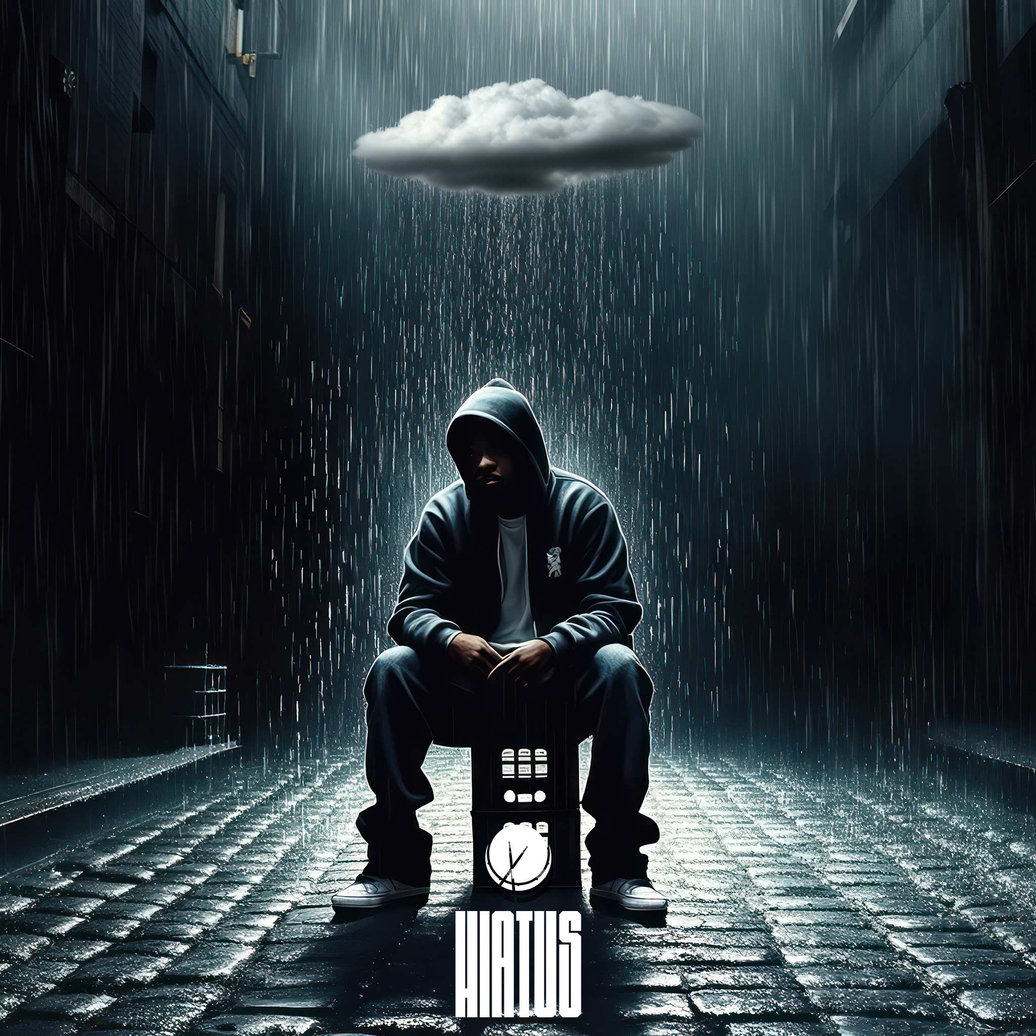 A rapper sitting on milk crates under a small cloud in heavy rain on a cobblestone street. The scene is stormy and ominous, creating an isolated atmosphere with dark, moody weather. - Hiatus