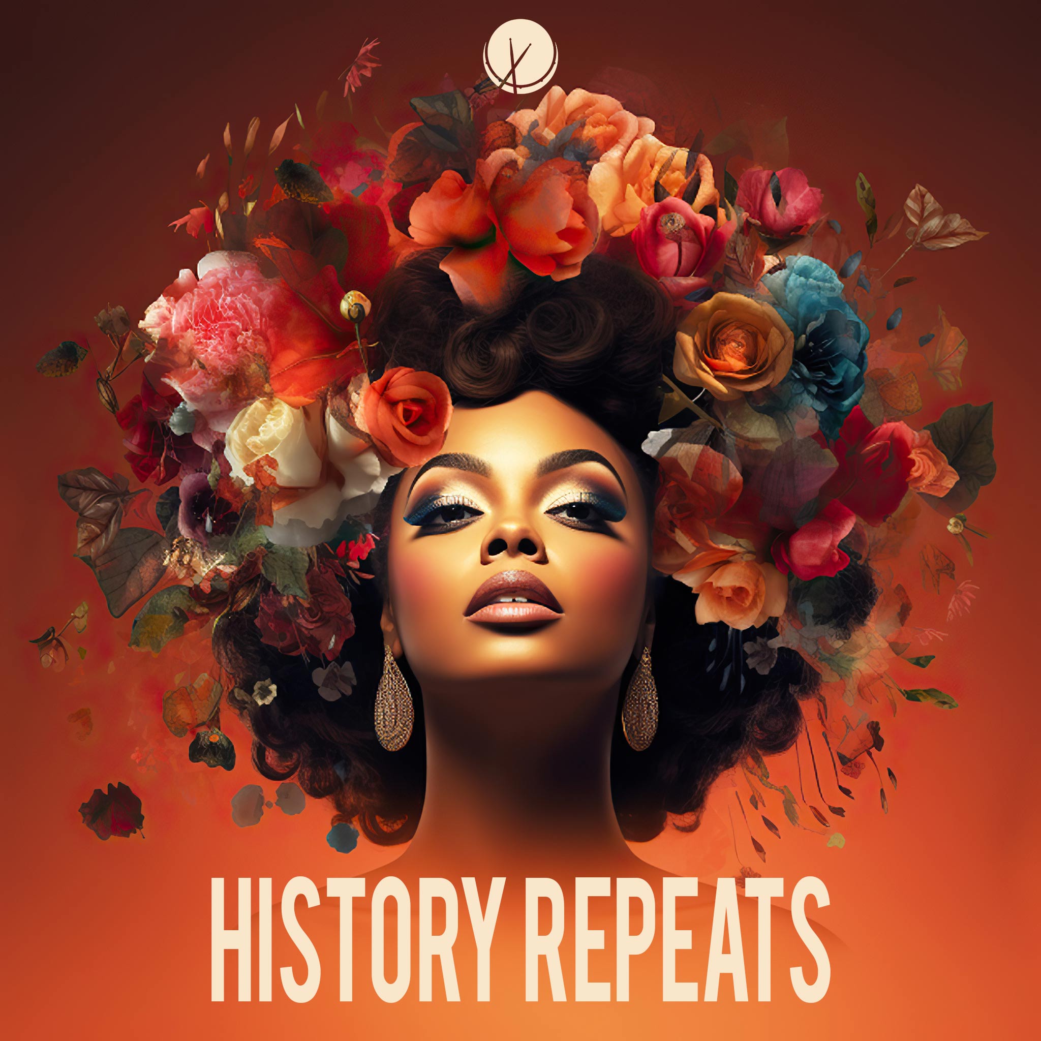 Illustration of Attractive African American Woman with Flowers in Hair over a Gradient Orange Background, Soulful Hip Hop Cover Art. Title: "History Repeats."