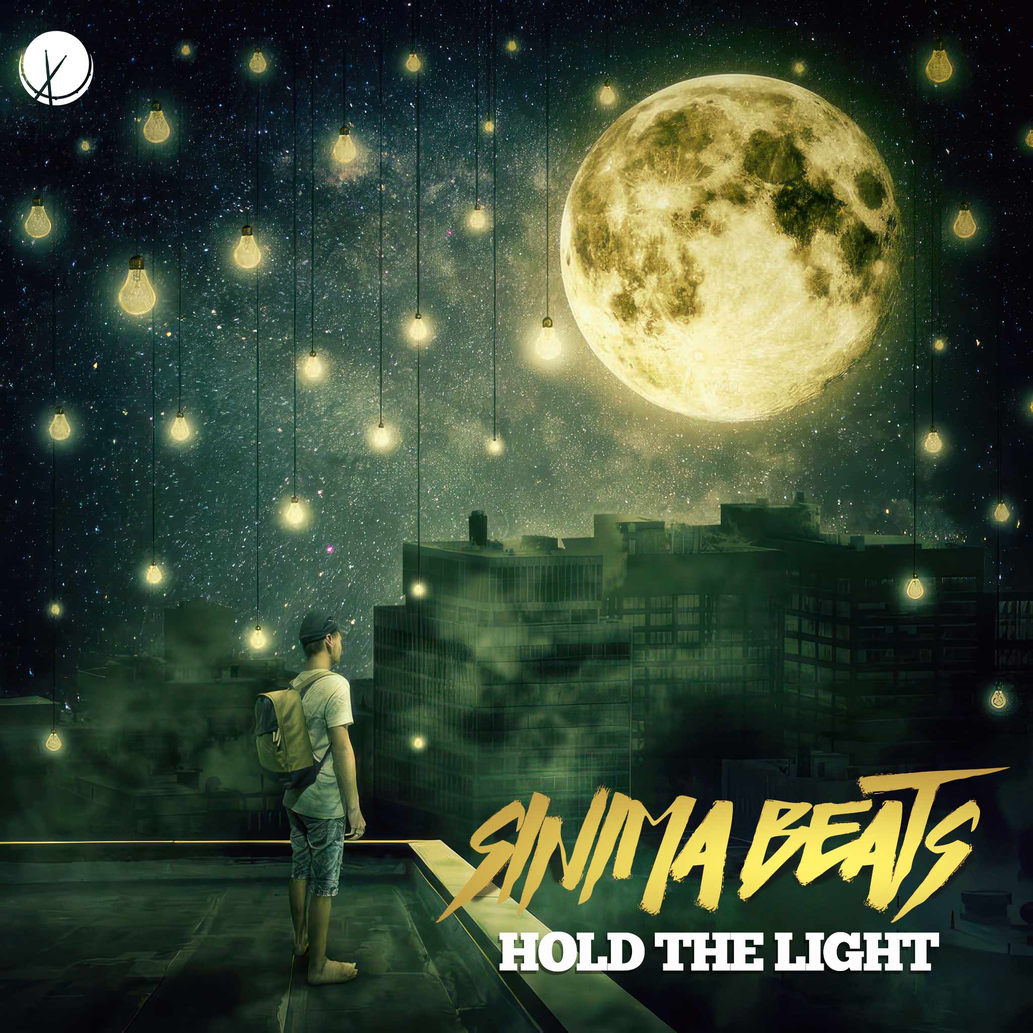 Illustration of a man standing on a rooftop, looking out at the full moon and stars, the night sky is also filled with light bulbs. Title: "Hold the Light."