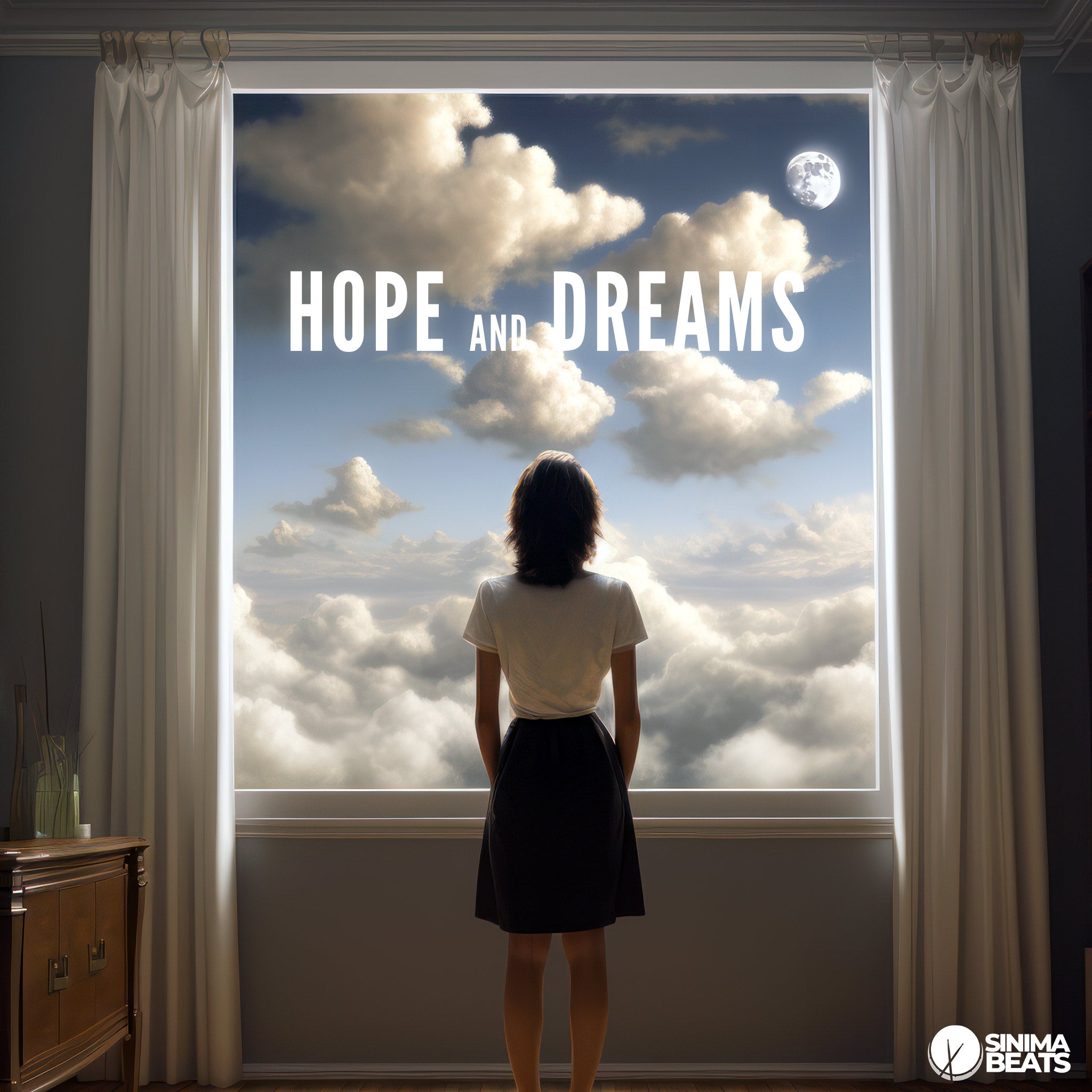 Woman Standing in Apartment by Open Window with Cloudy Sky and Full Moon - Hopes and Dreams