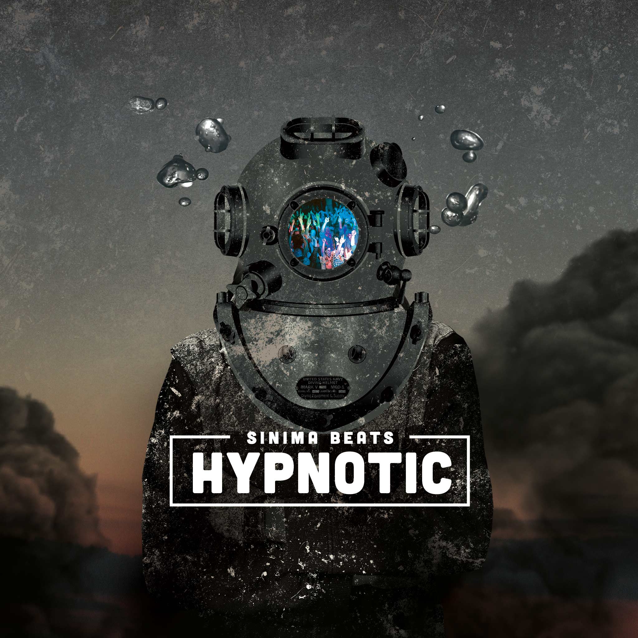 Aquanaut with Oxygen Bubbles Rising at Dusk and Helmet Reflecting Cheering Crowd - Hypnotic Cover Art