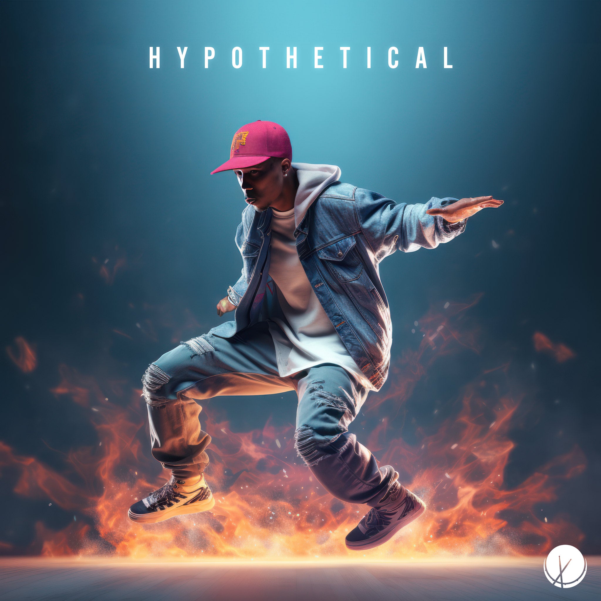 Young Urban Break Dancer in Blue Jeans, Jacket, and Baseball Cap with Flames Under His Feet - Hypothetical