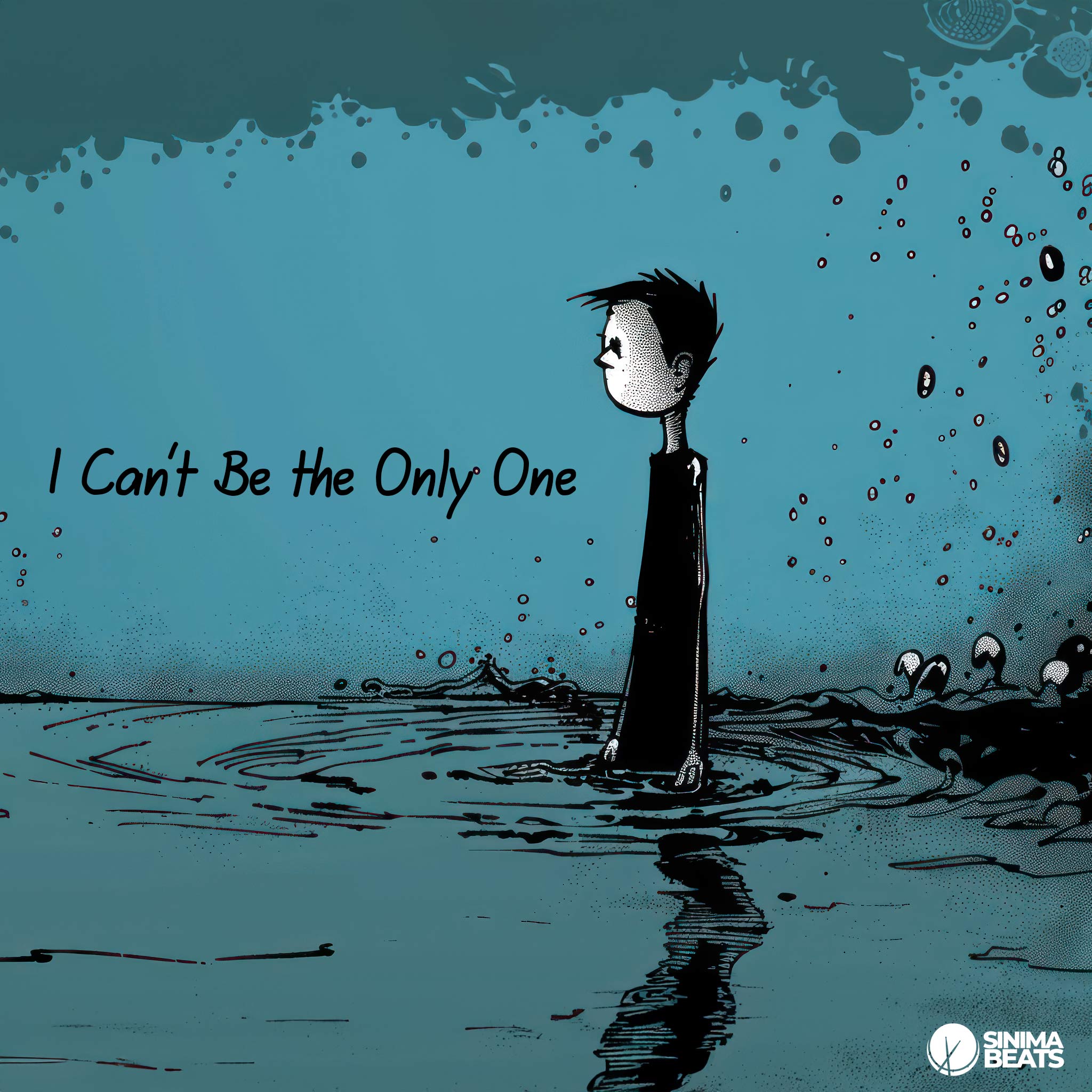 Illustration of a boy wearing a black T-shirt standing in a sea, with raindrops depicting heartache, sadness, and depression. The scene evokes feelings of loneliness and emotional turmoil.