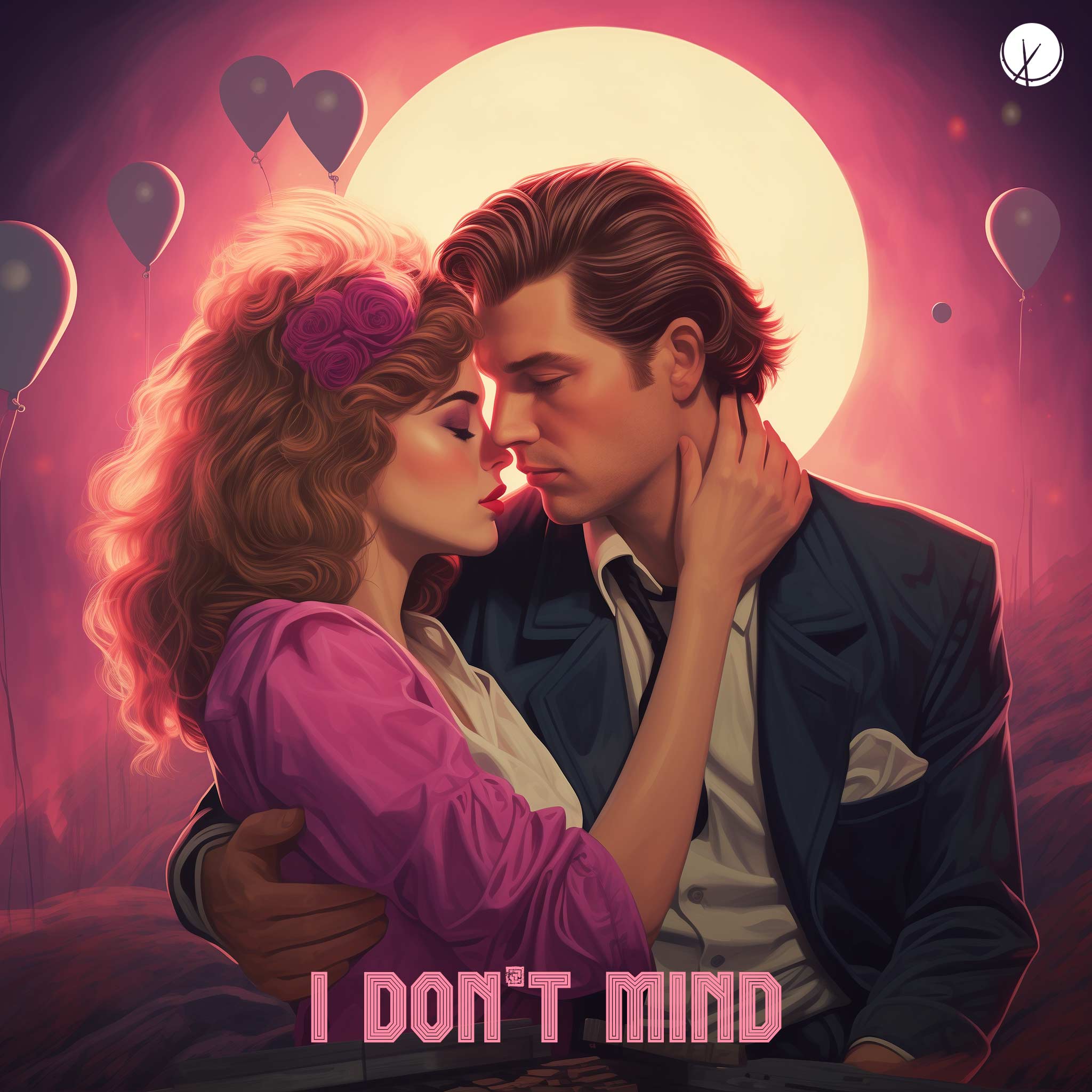 I Don't Mind - Retro 80's Style Illustration of Woman in Pink Clothes Embracing a Well-Dressed Man, as if About to Share a Kiss, with Balloons and Sun in the Background.