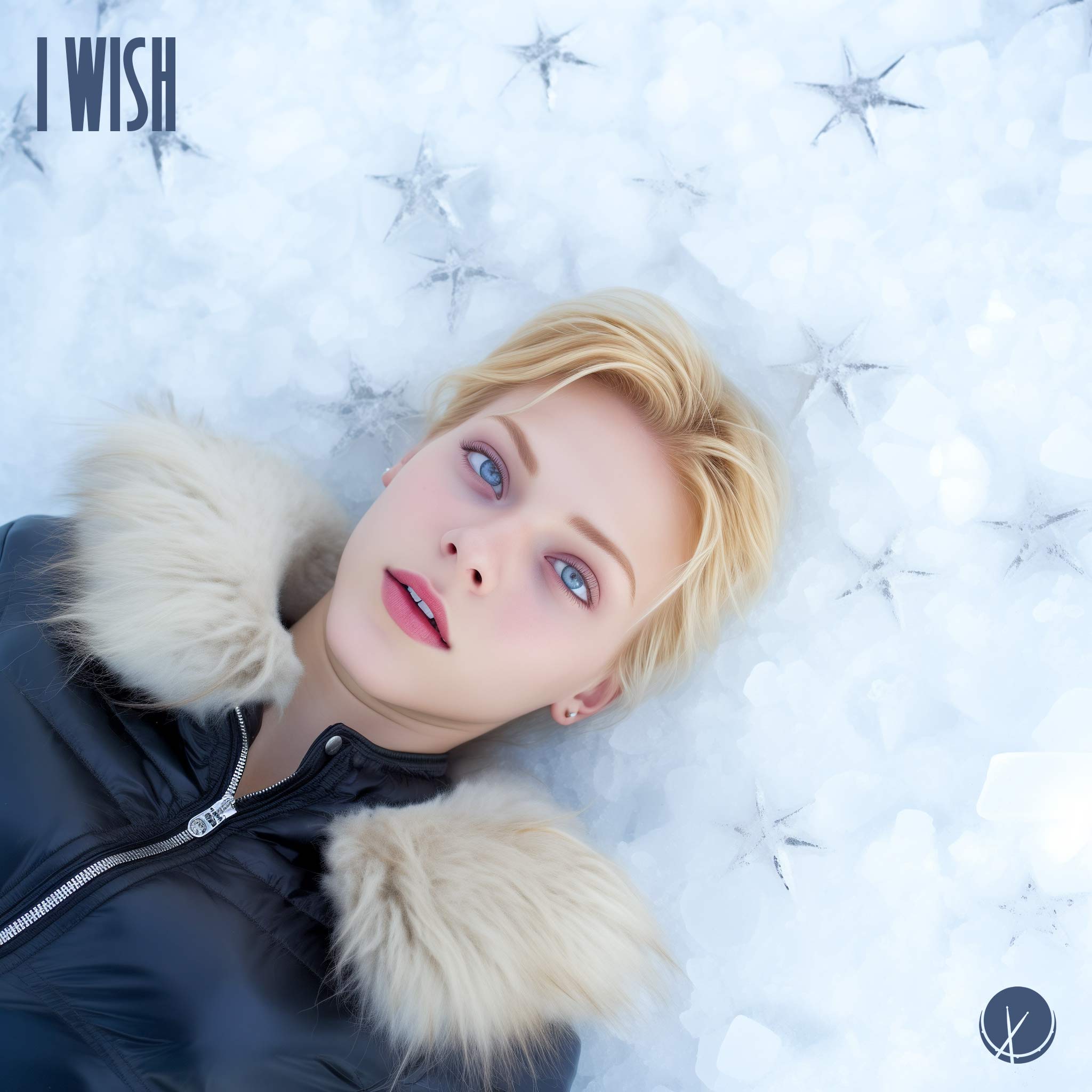 I Wish: Model-Like Woman Laying on Snow with Star Prints Around, Wearing a Fur Hooded Black Coat, Makeup, Blue Eyes, Blonde Hair, Pale Skin, Rosy Lips - View from Above.