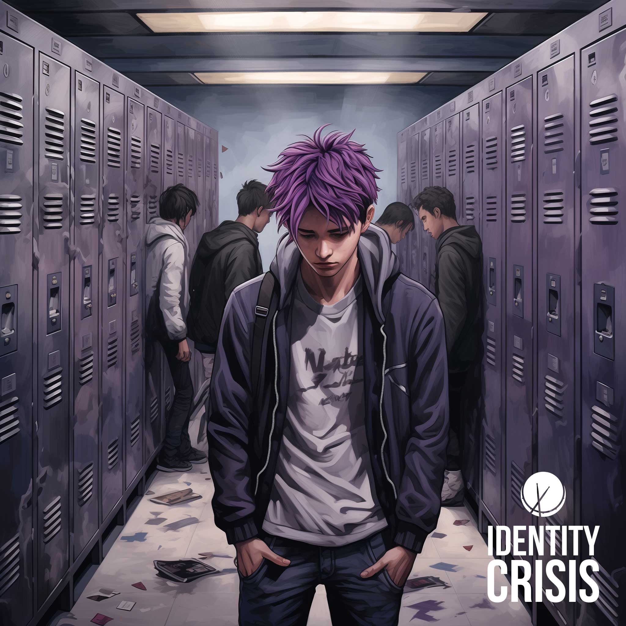 Scene in a school hallway with purple and gray hues, depicting an identity crisis. A boy with purple hair, wearing a hoodie and backpack, stands alone by lockers, with a group of boys behind him. Title: "Identity Crisis."