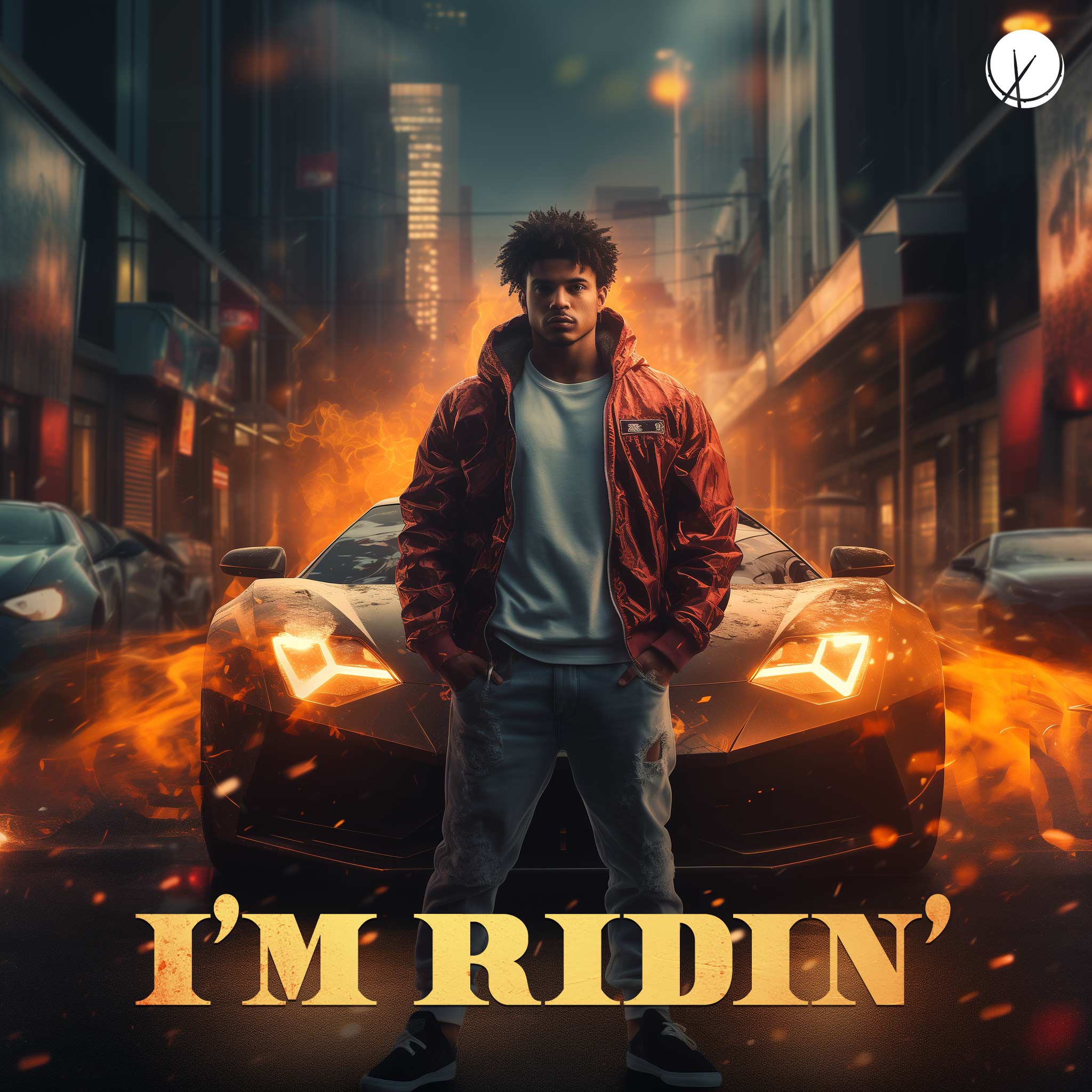 Man standing in front of a Lamborghini, illustrated Dubstep cover art. Title: "I'm Ridin'."