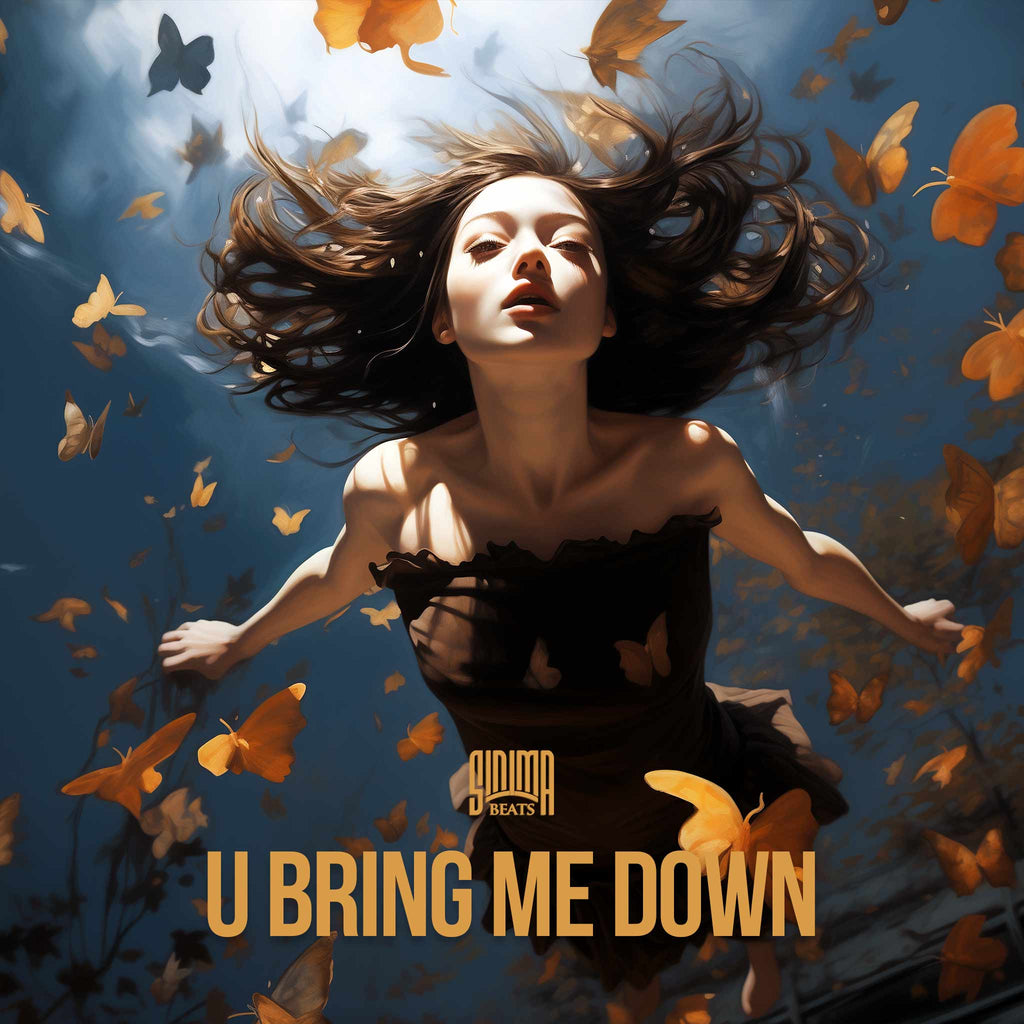 Dreamlike Image Depicting a Beautiful Brunette Woman, Long Hair, Wearing a Brown Dress, Falling Mid-Air, Surrounded by Autumn Leaves, Blue Sky. Title: "U Bring Me Down"