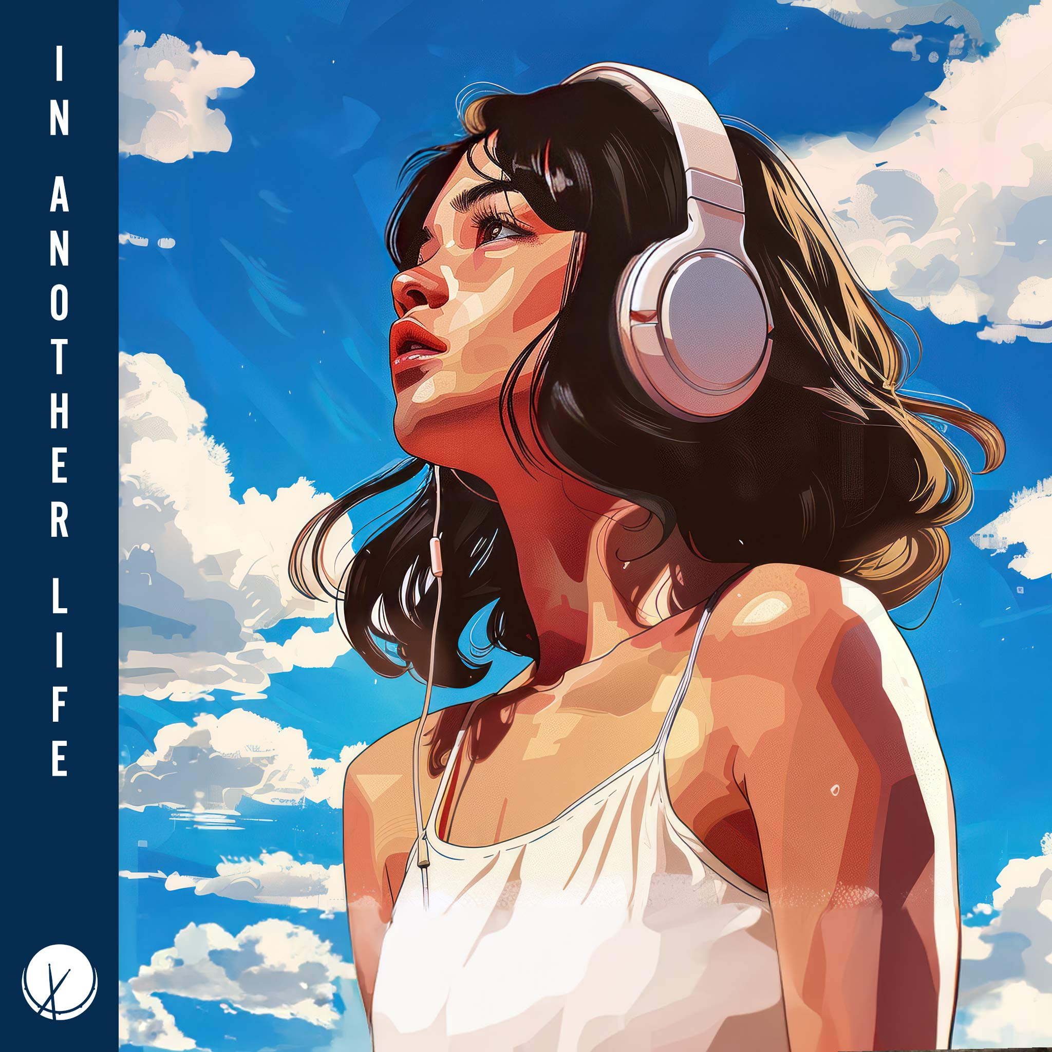 Eurasian Girl Wearing White Shirt and Headphones with Big Blue Cloudy Sky in Background - In Another Life