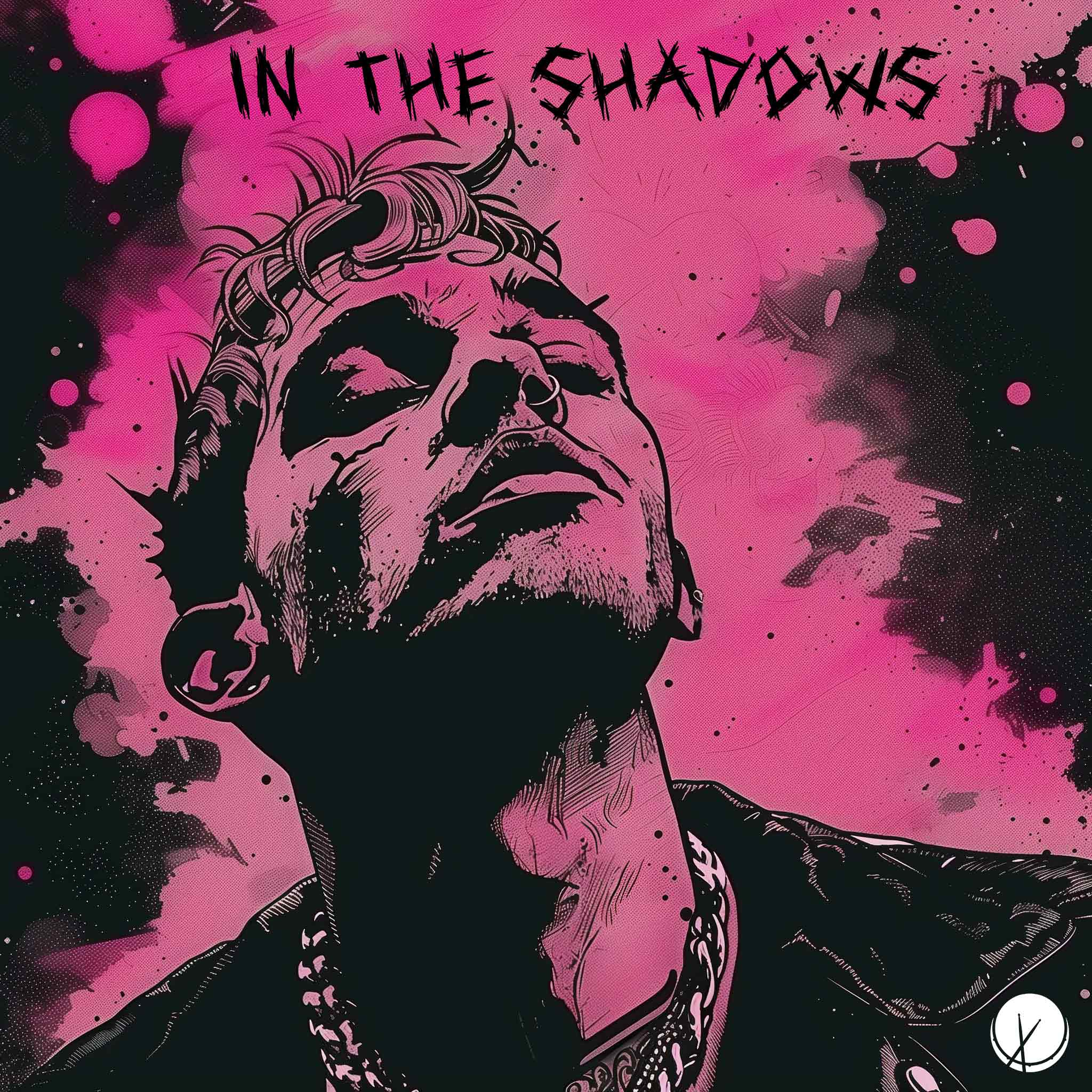 Illustration of an emo rapper with a somber expression and closed eyes, set in shades of pink and black, capturing the mood of 'In the Shadows.'