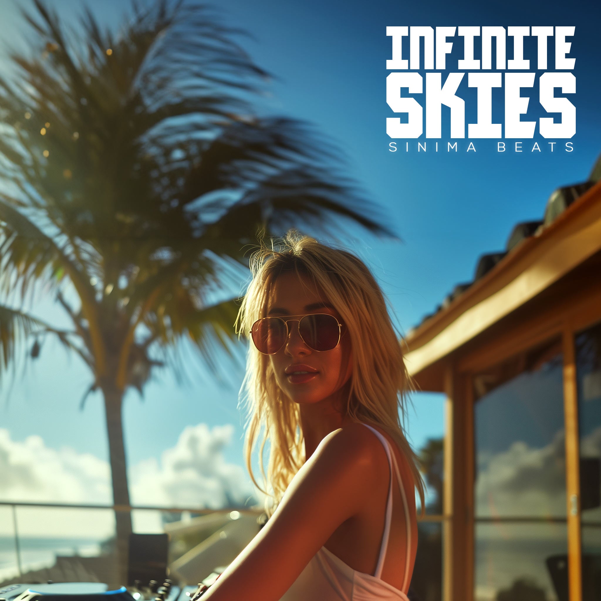 Blonde woman DJing outdoors with sunglasses, surrounded by sunny weather, blue skies, white clouds, and a palm tree, embodying the vibe of 'Infinite Skies.'